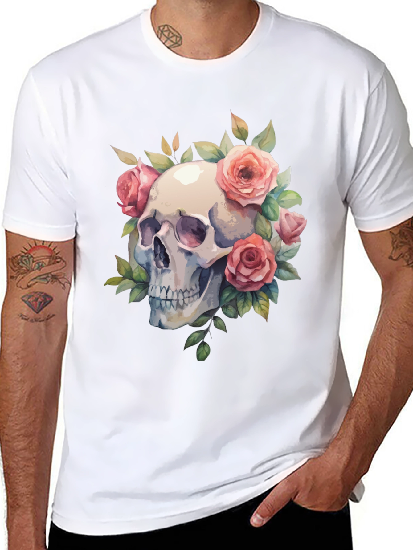 Skull & Roses Graphic Tee - Black Cotton Blend