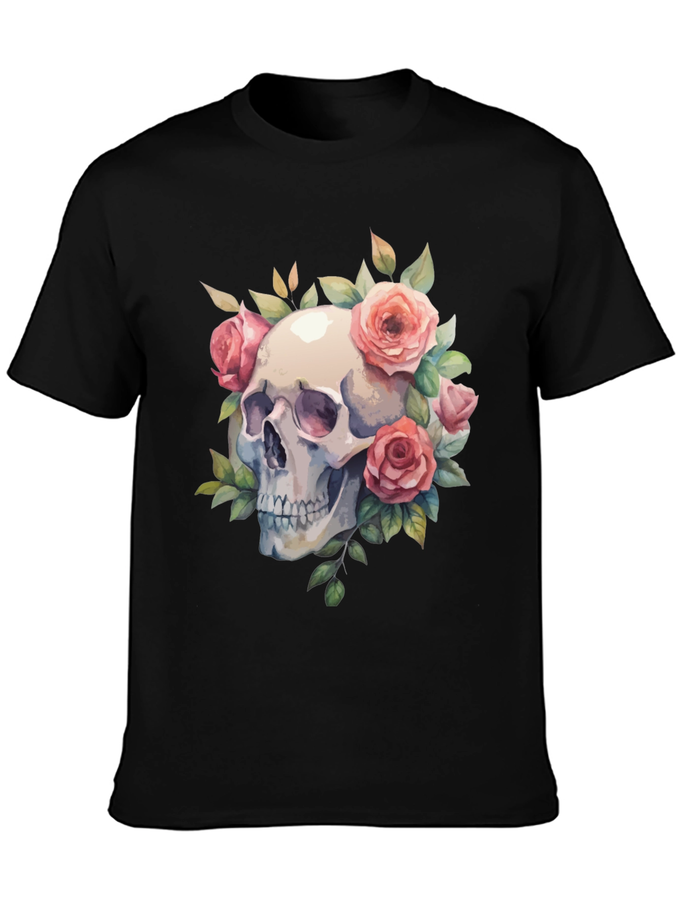 Skull & Roses Graphic Tee - Black Cotton Blend