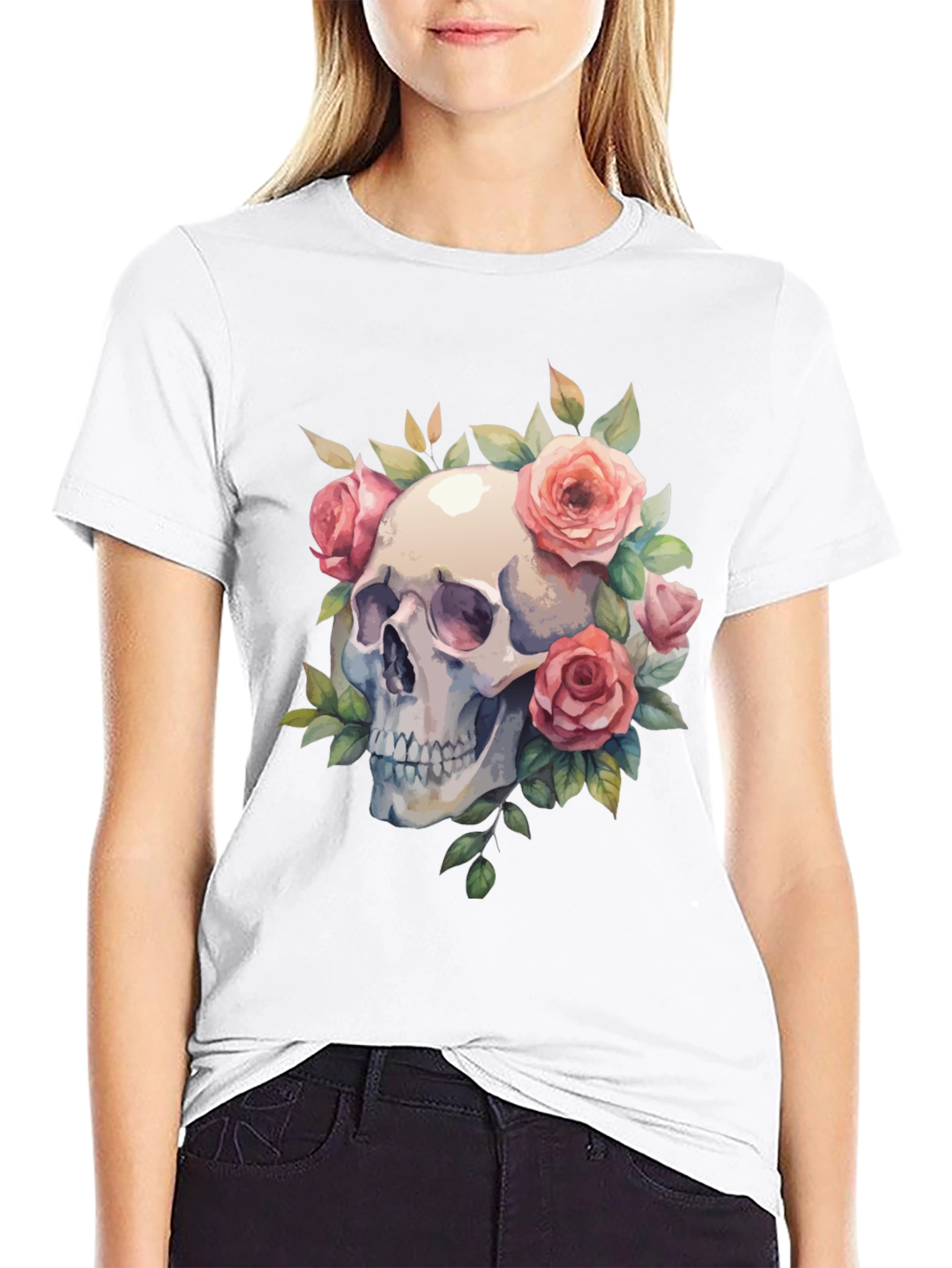 Skull & Roses Graphic Tee - Black Cotton Blend
