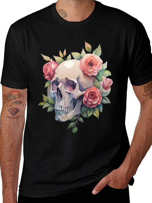 Skull & Roses Graphic Tee - Black Cotton Blend