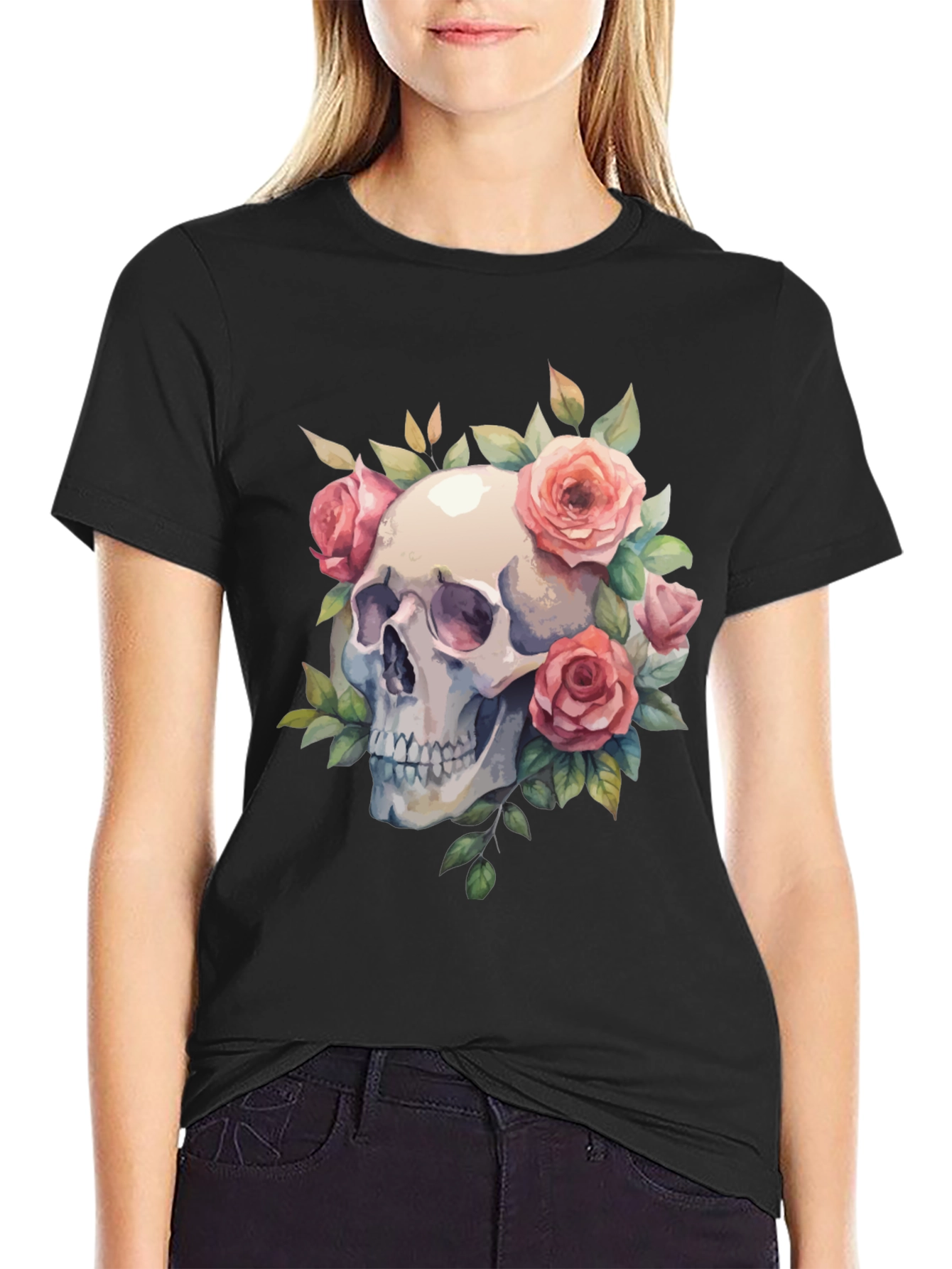 Skull & Roses Graphic Tee - Black Cotton Blend