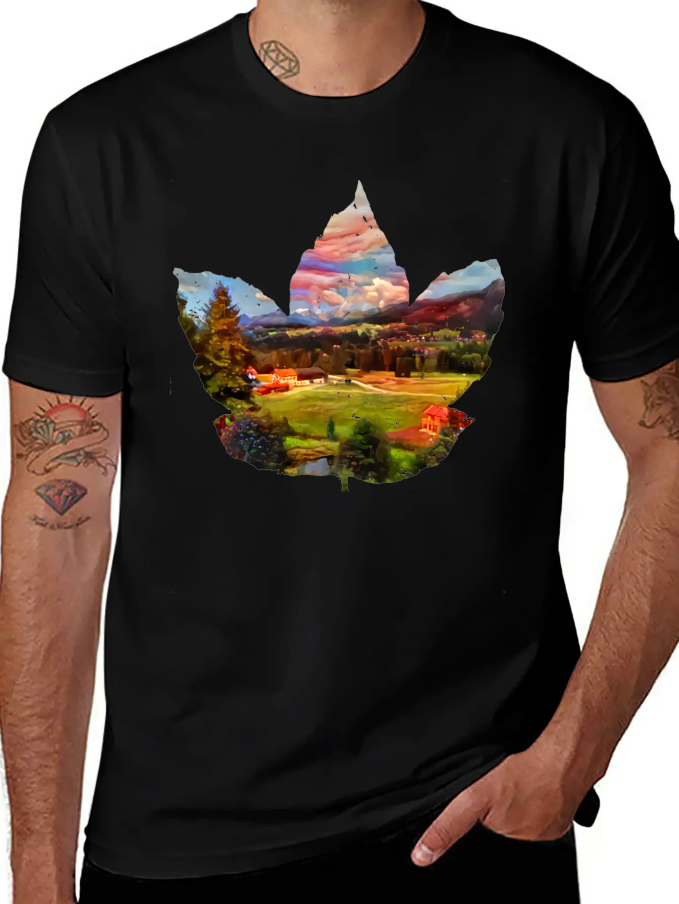 Painted Autumn Landscape In The Maple Leaf Timeless Short Sleeve Tee – Comfy And Minimalist Design
