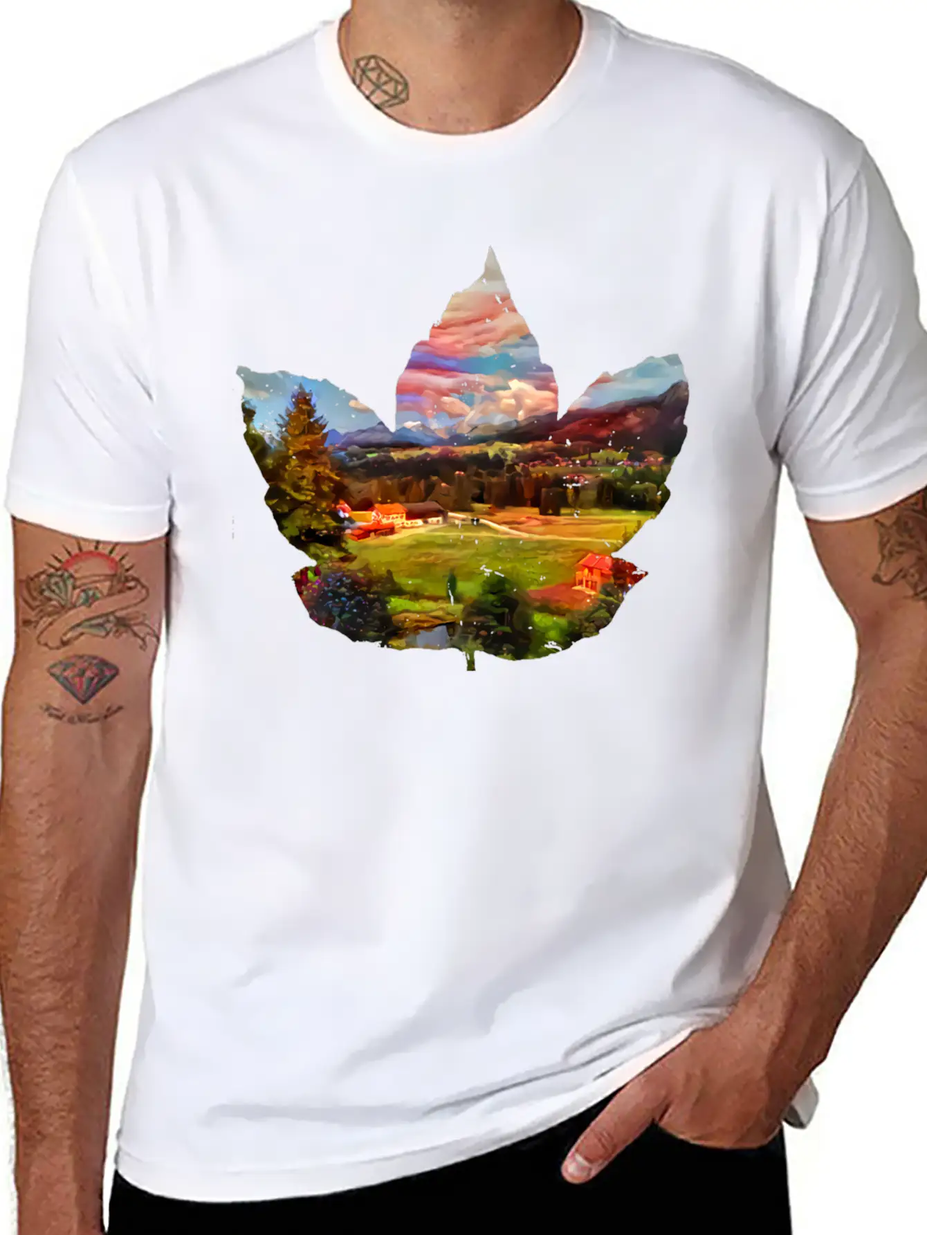 Painted Autumn Landscape In The Maple Leaf Timeless Short Sleeve Tee – Comfy And Minimalist Design