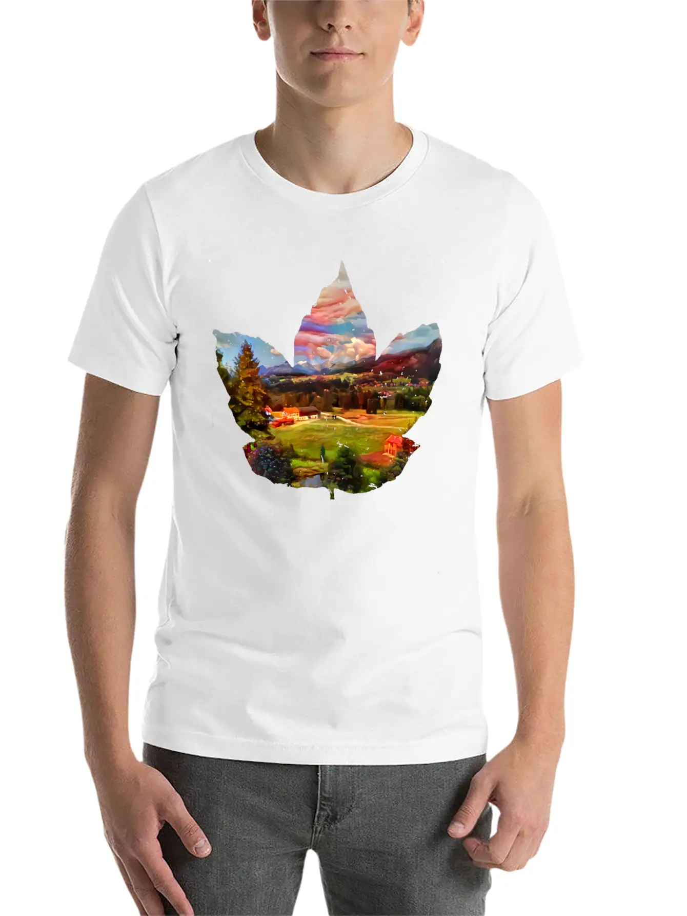 Painted Autumn Landscape In The Maple Leaf Timeless Short Sleeve Tee – Comfy And Minimalist Design