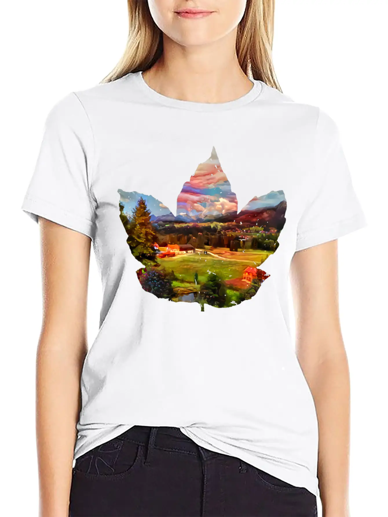 Painted Autumn Landscape In The Maple Leaf Timeless Short Sleeve Tee – Comfy And Minimalist Design