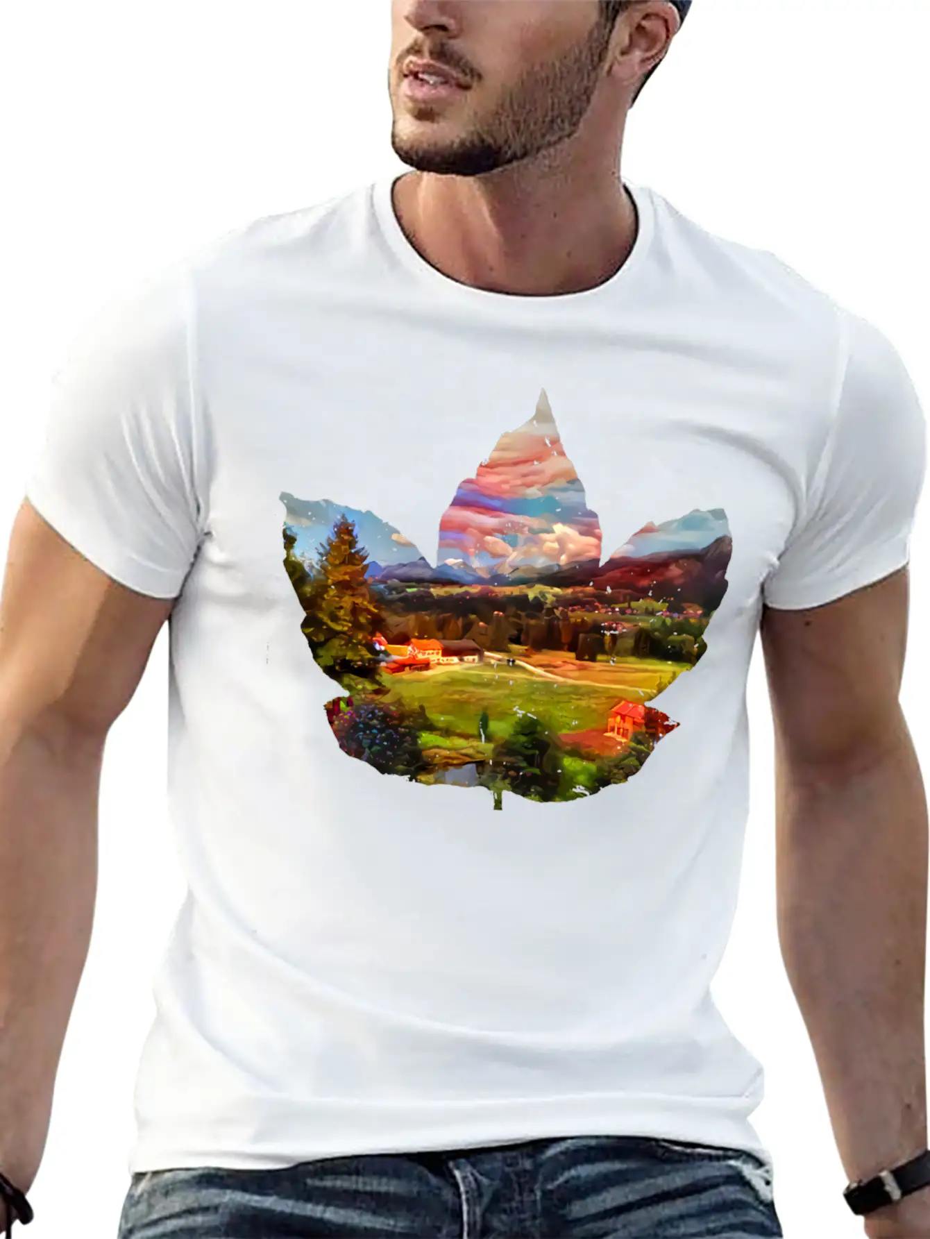 Painted Autumn Landscape In The Maple Leaf Timeless Short Sleeve Tee – Comfy And Minimalist Design