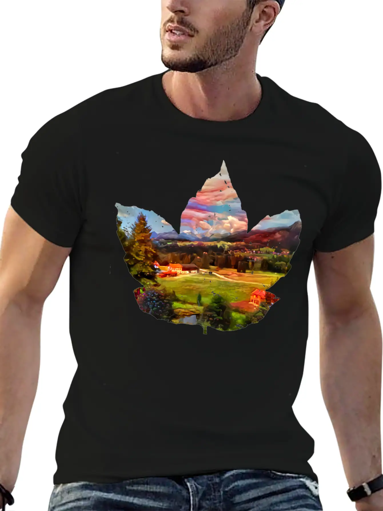 Painted Autumn Landscape In The Maple Leaf Timeless Short Sleeve Tee – Comfy And Minimalist Design