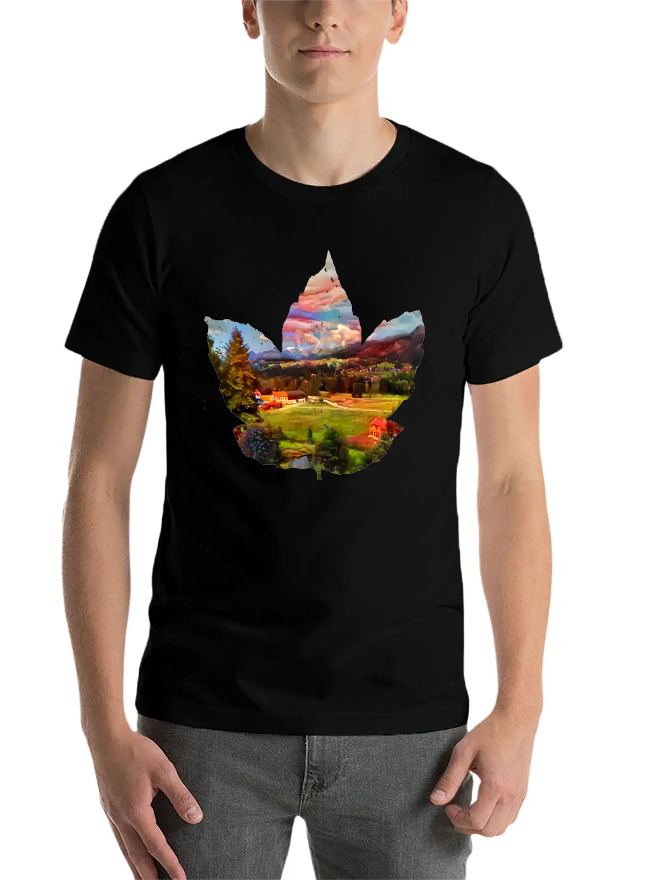 Painted Autumn Landscape In The Maple Leaf Timeless Short Sleeve Tee – Comfy And Minimalist Design
