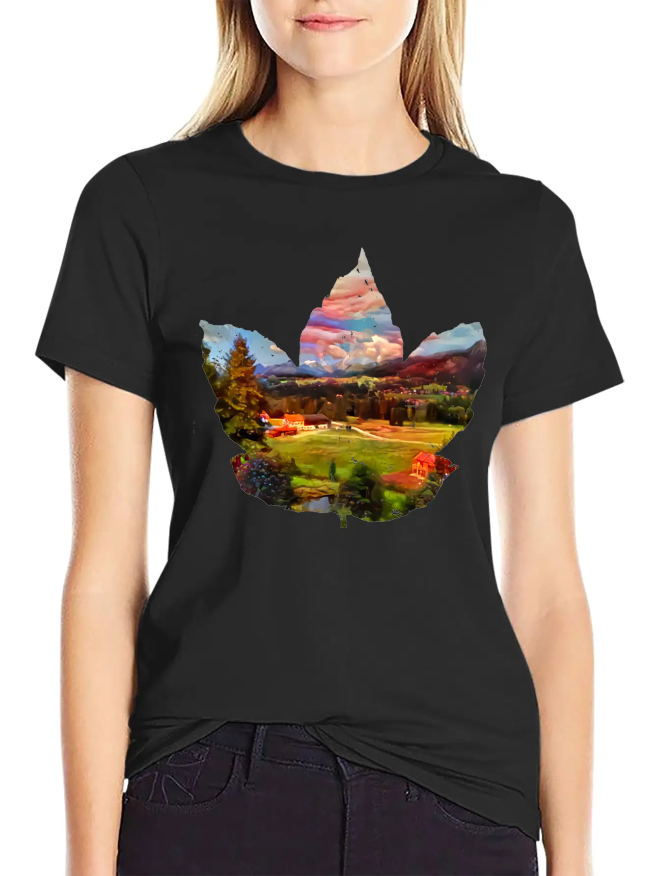 Painted Autumn Landscape In The Maple Leaf Timeless Short Sleeve Tee – Comfy And Minimalist Design