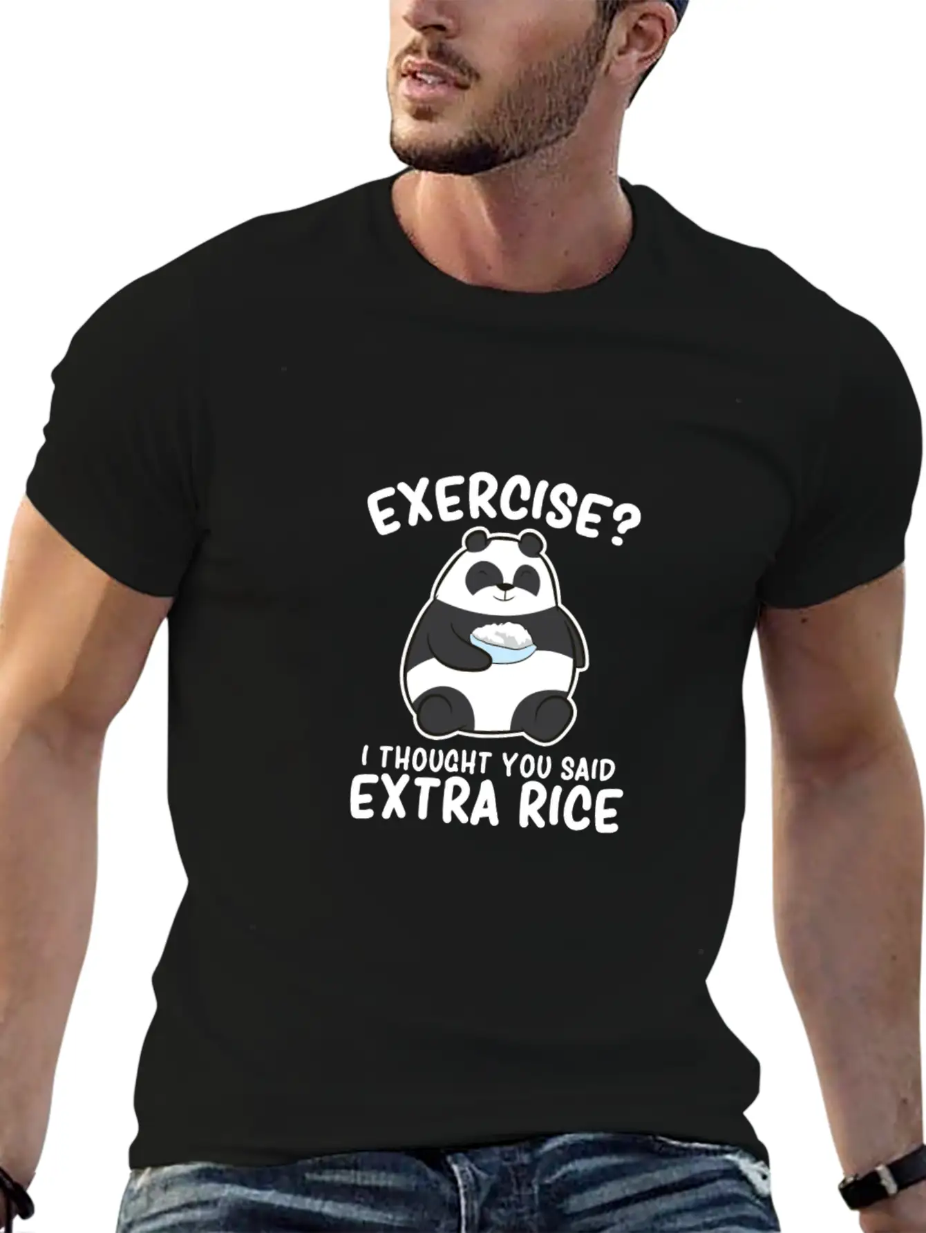 Panda Exercise I Thought You Said Extra Rice Cute Stylish Everyday T-Shirt – Unisex Basic Cotton Tee