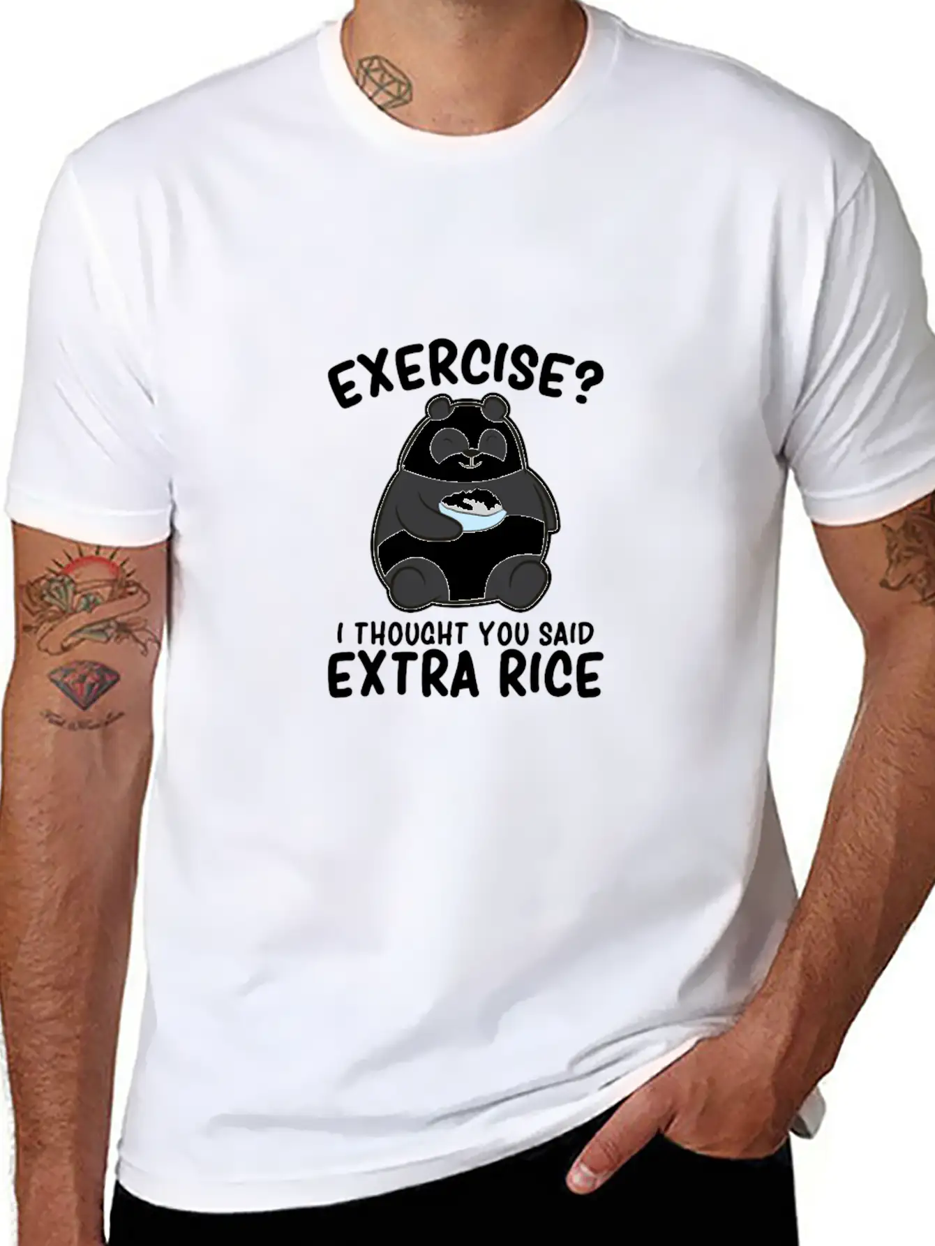 Panda Exercise I Thought You Said Extra Rice Cute Stylish Everyday T-Shirt – Unisex Basic Cotton Tee