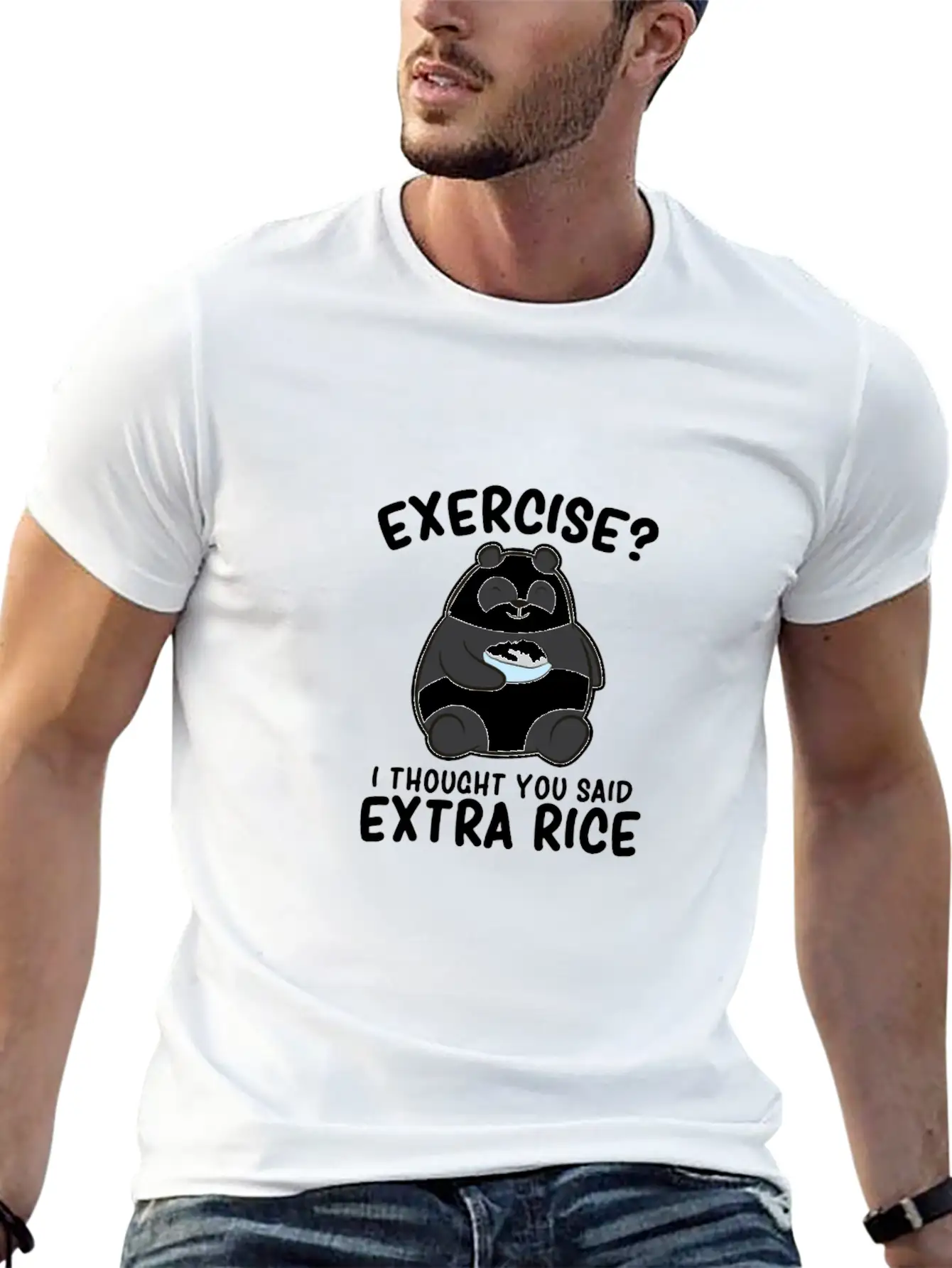 Panda Exercise I Thought You Said Extra Rice Cute Stylish Everyday T-Shirt – Unisex Basic Cotton Tee