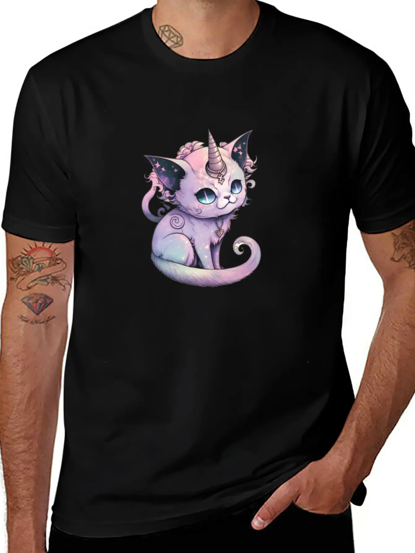 Pastel Goth Demon Caticorn Illustration Stylish Everyday T-Shirt – Unisex Basic Cotton Tee