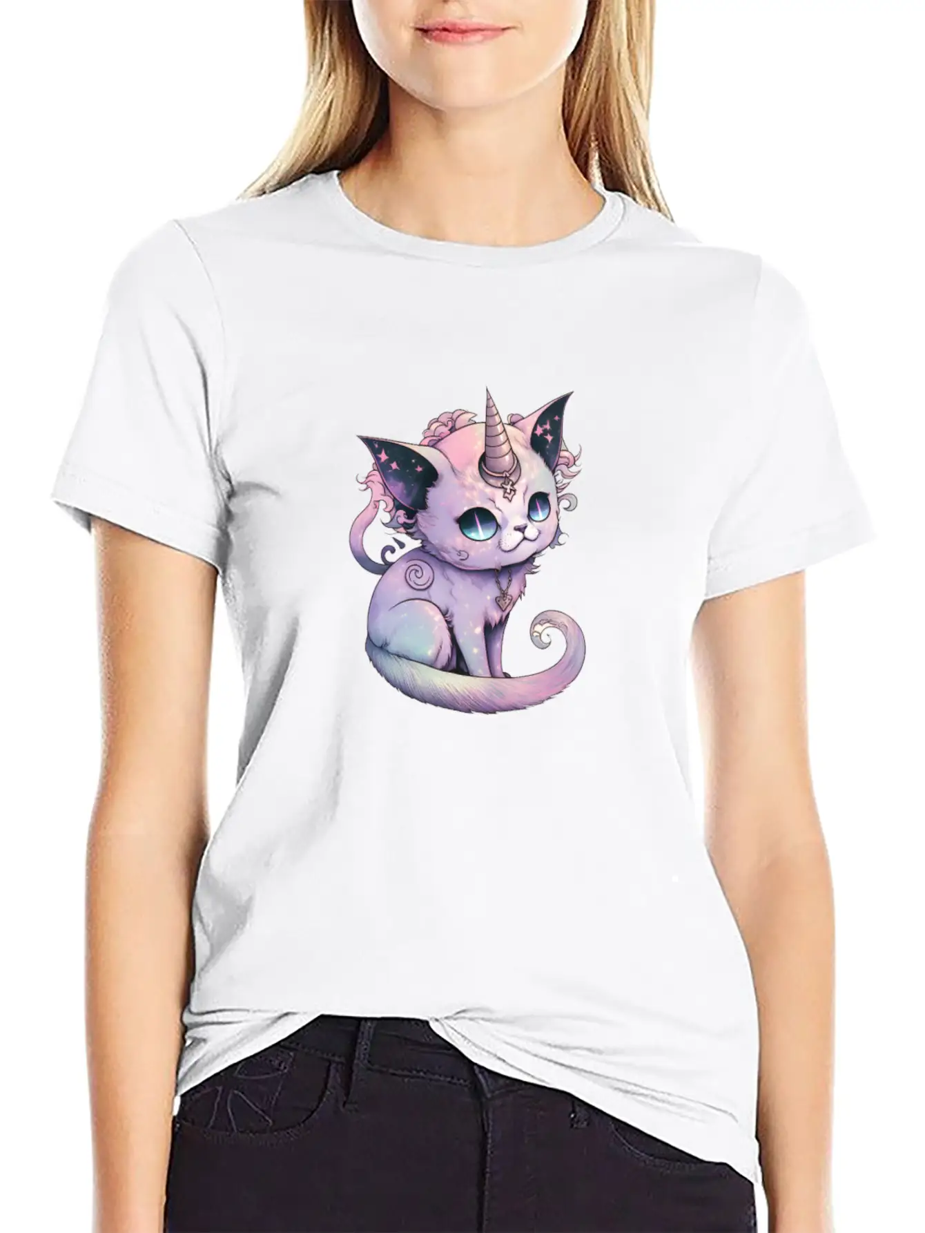 Pastel Goth Demon Caticorn Illustration Stylish Everyday T-Shirt – Unisex Basic Cotton Tee