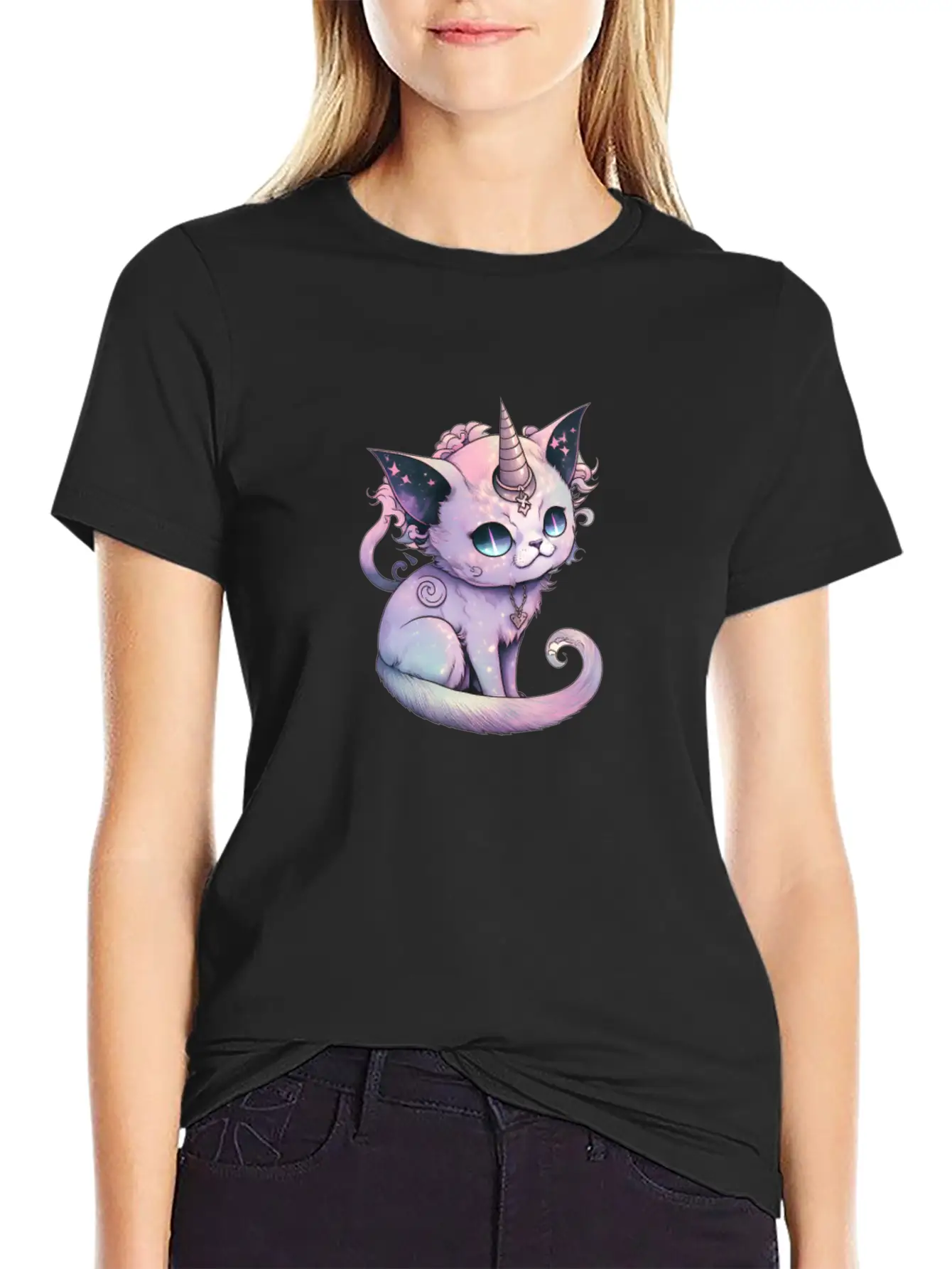Pastel Goth Demon Caticorn Illustration Stylish Everyday T-Shirt – Unisex Basic Cotton Tee