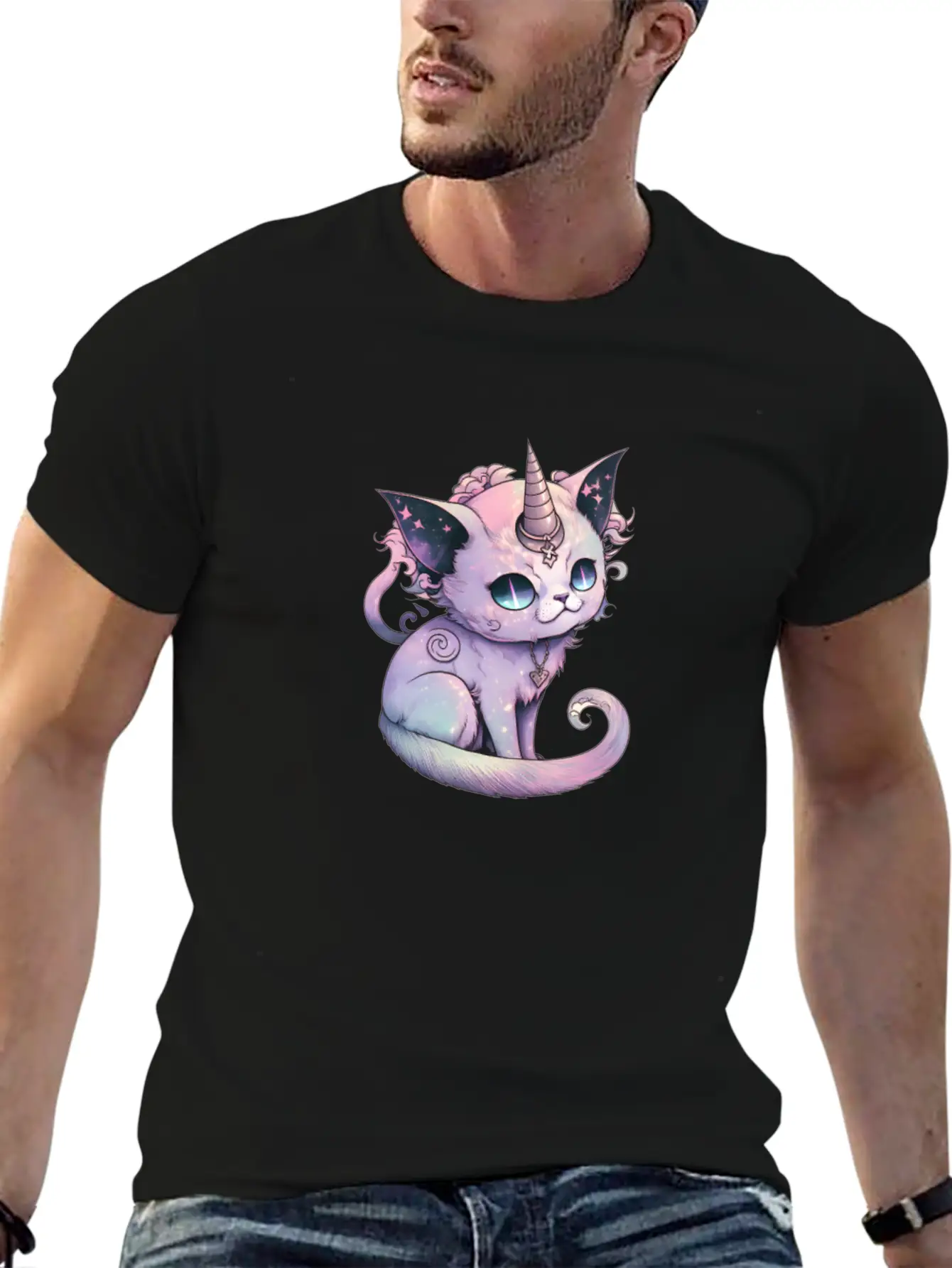 Pastel Goth Demon Caticorn Illustration Stylish Everyday T-Shirt – Unisex Basic Cotton Tee