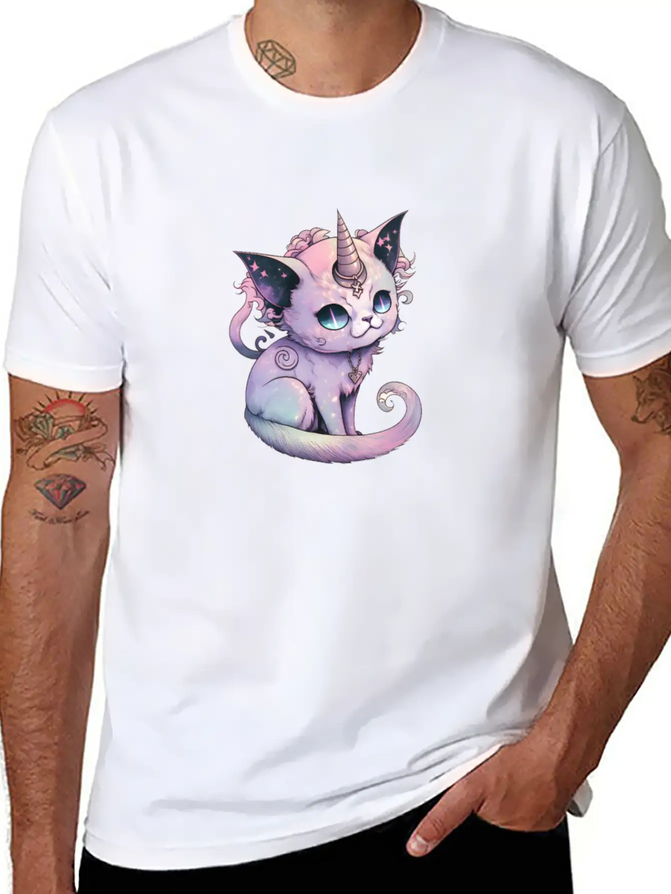 Pastel Goth Demon Caticorn Illustration Stylish Everyday T-Shirt – Unisex Basic Cotton Tee