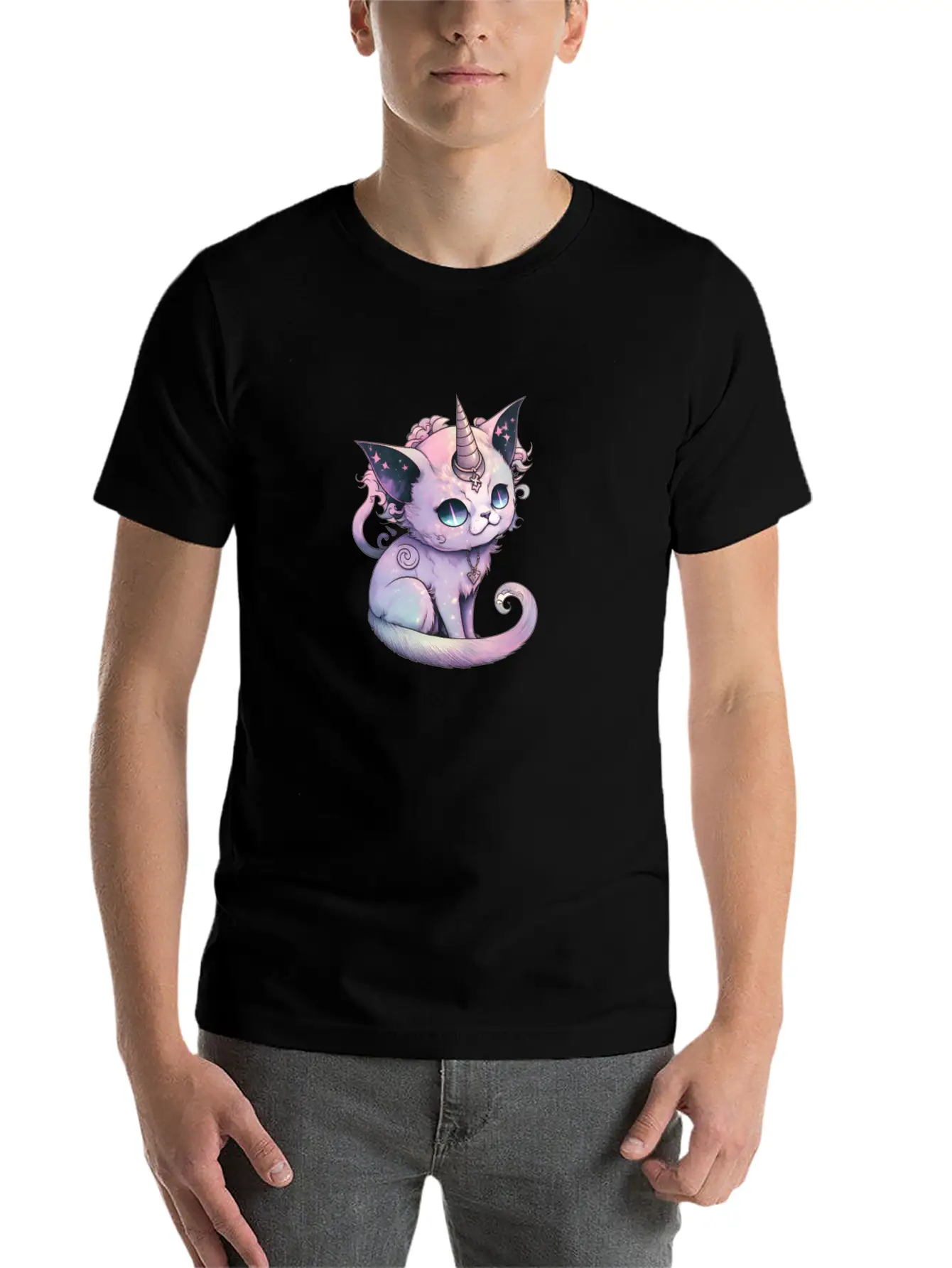 Pastel Goth Demon Caticorn Illustration Stylish Everyday T-Shirt – Unisex Basic Cotton Tee