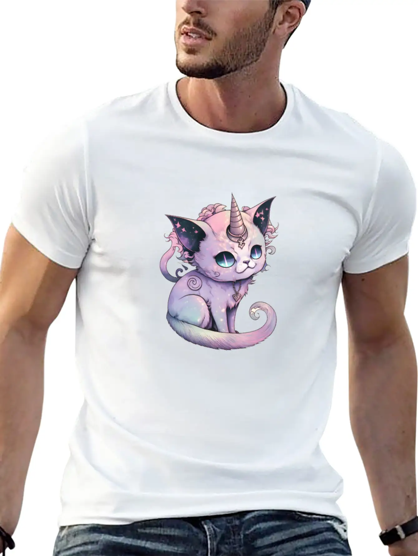 Pastel Goth Demon Caticorn Illustration Stylish Everyday T-Shirt – Unisex Basic Cotton Tee
