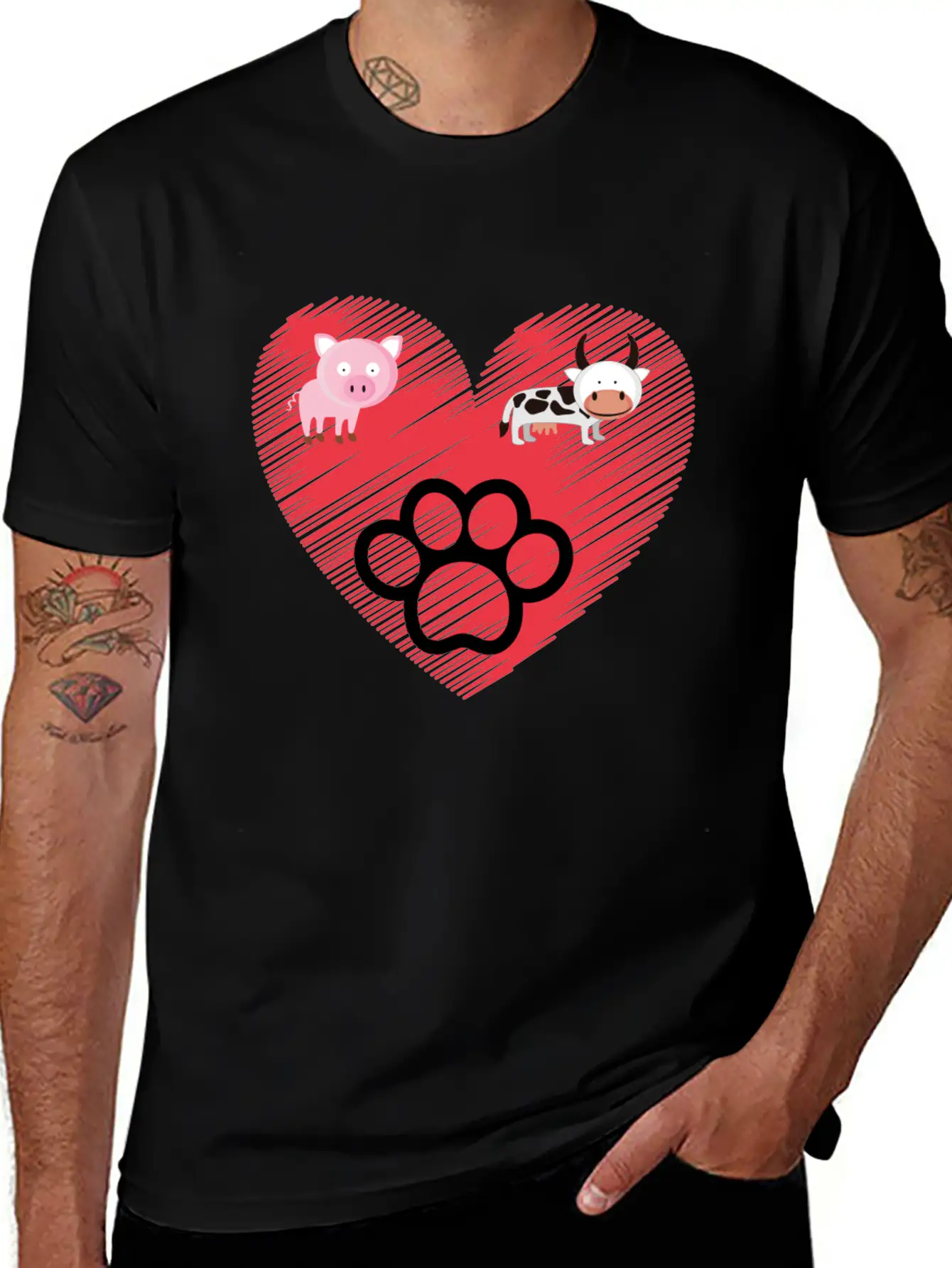 Paw, Pig And Cow Heart Design Graphic Stylish Everyday T-Shirt – Unisex Basic Cotton Tee