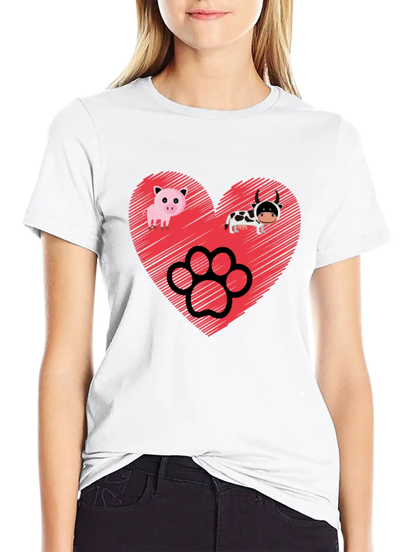 Paw, Pig And Cow Heart Design Graphic Stylish Everyday T-Shirt – Unisex Basic Cotton Tee