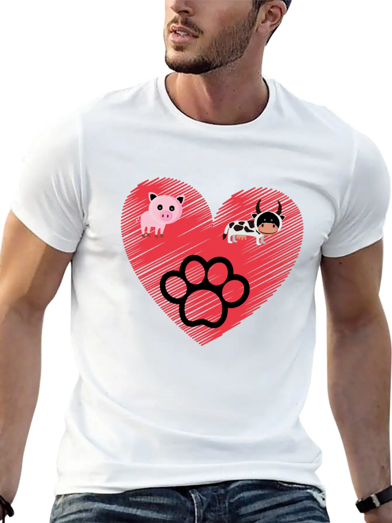 Paw, Pig And Cow Heart Design Graphic Stylish Everyday T-Shirt – Unisex Basic Cotton Tee