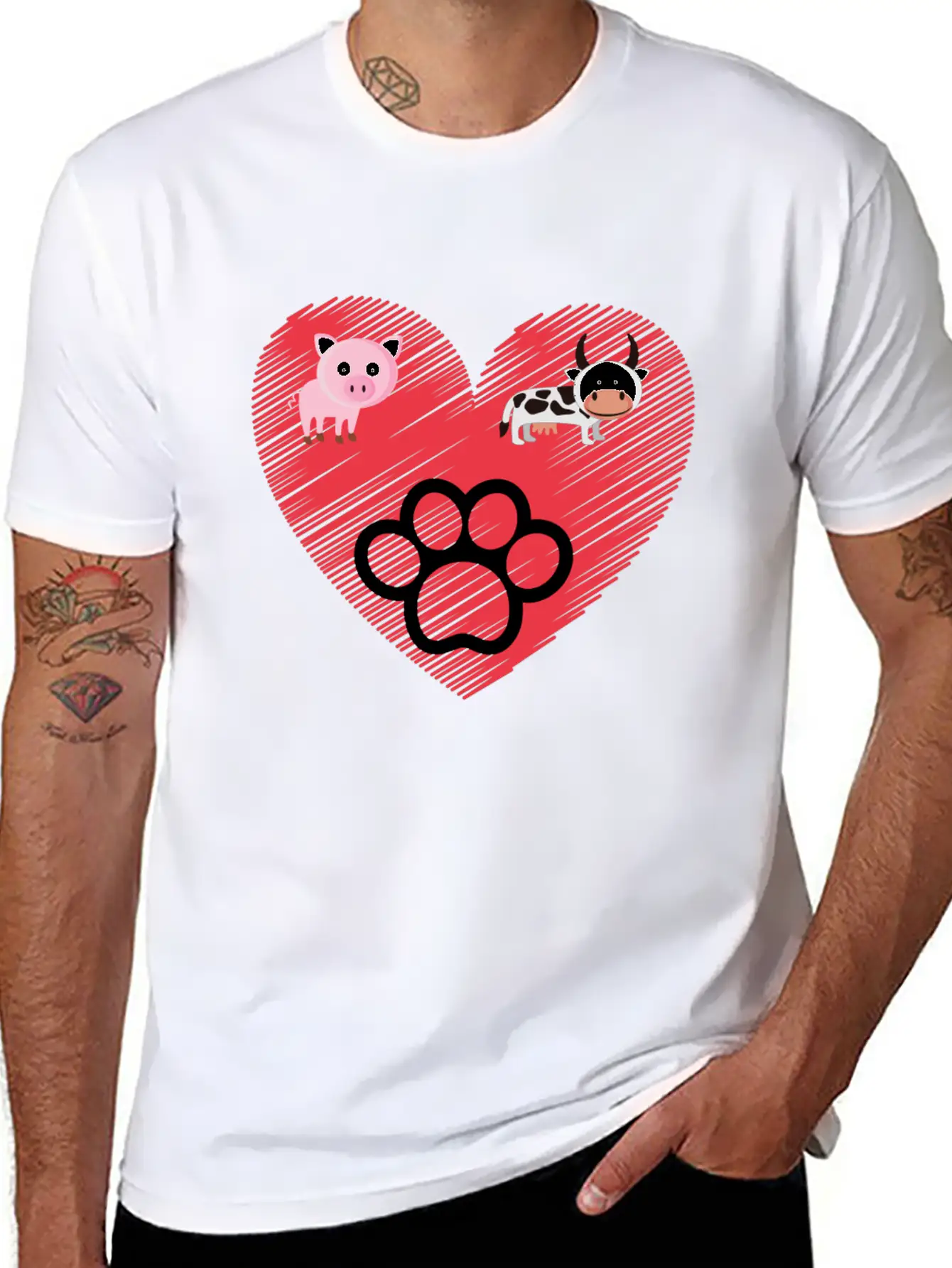 Paw, Pig And Cow Heart Design Graphic Stylish Everyday T-Shirt – Unisex Basic Cotton Tee