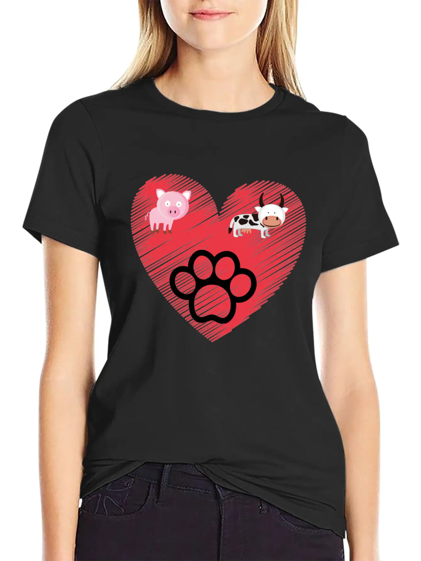 Paw, Pig And Cow Heart Design Graphic Stylish Everyday T-Shirt – Unisex Basic Cotton Tee