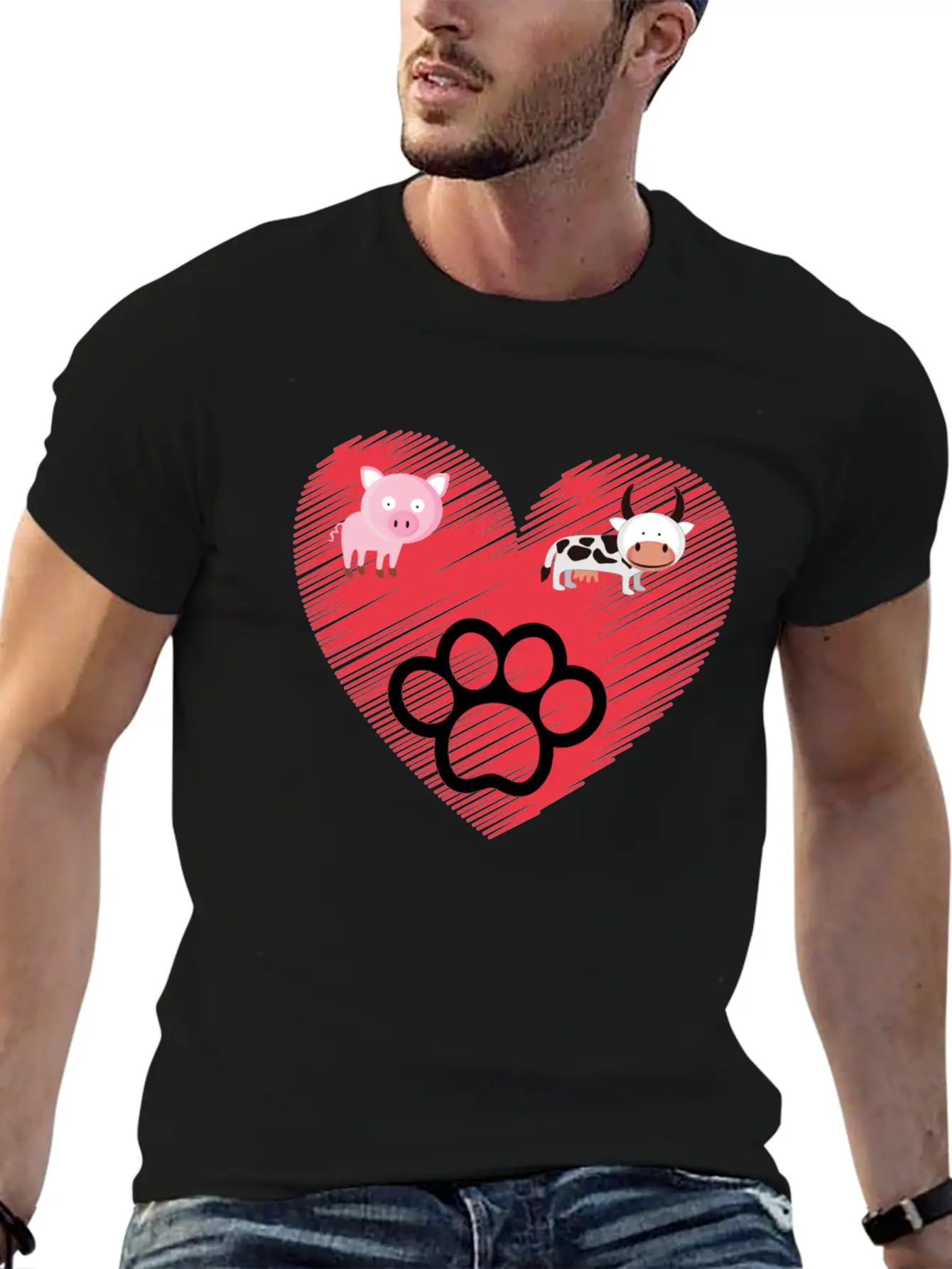 Paw, Pig And Cow Heart Design Graphic Stylish Everyday T-Shirt – Unisex Basic Cotton Tee