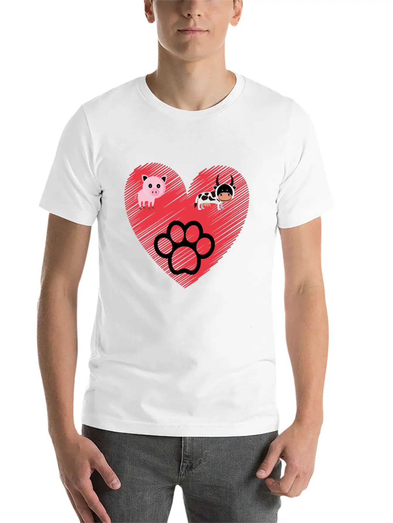 Paw, Pig And Cow Heart Design Graphic Stylish Everyday T-Shirt – Unisex Basic Cotton Tee