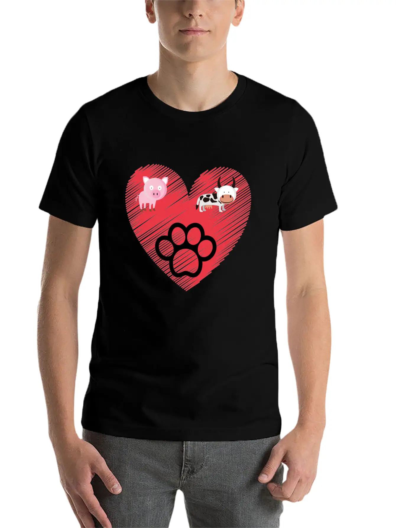 Paw, Pig And Cow Heart Design Graphic Stylish Everyday T-Shirt – Unisex Basic Cotton Tee