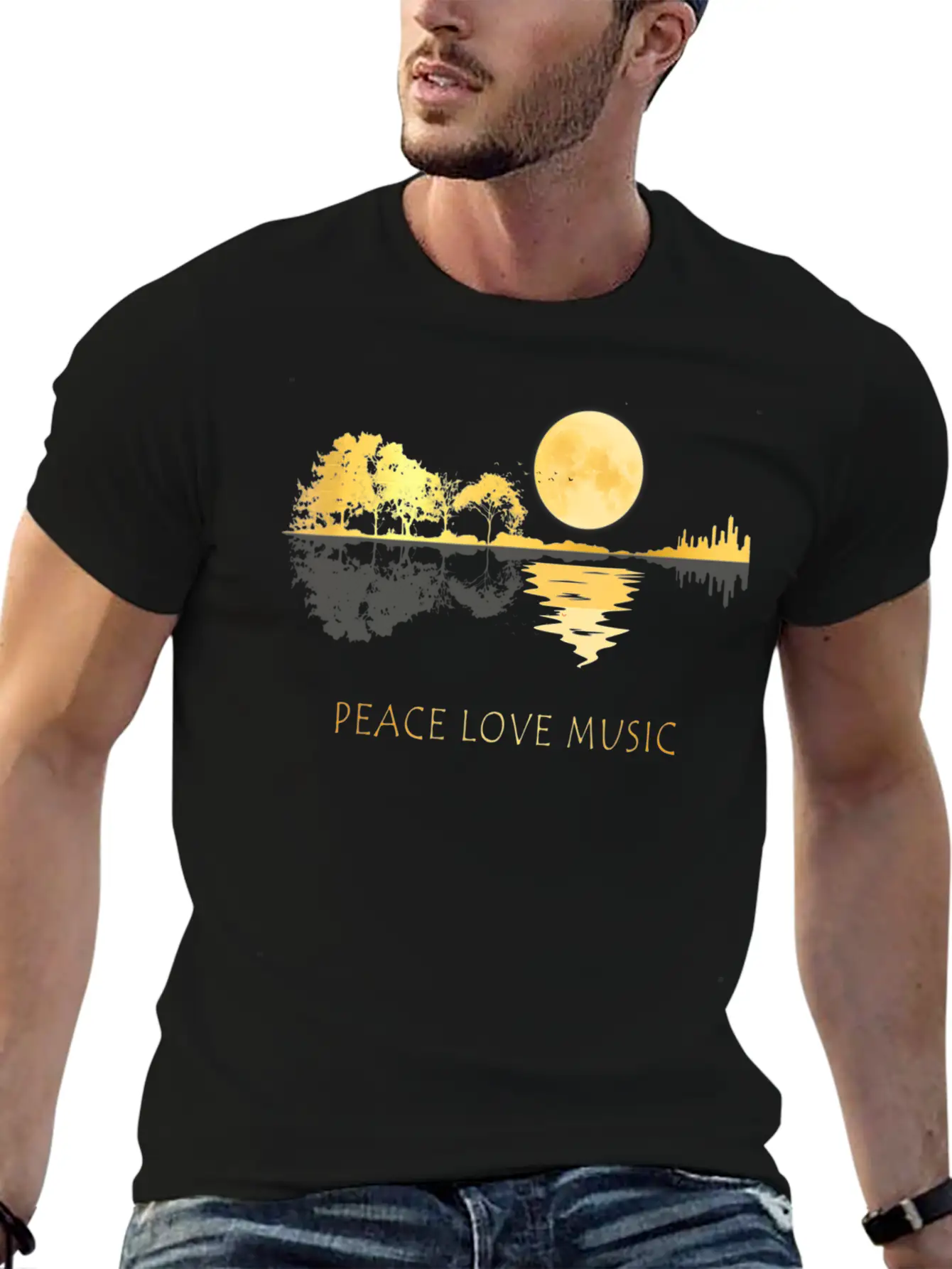 Peace Love Music Guitar Lake Shadow Hippie Unisex Short Sleeve Soft Cotton T-Shirt – Casual Everyday Wear