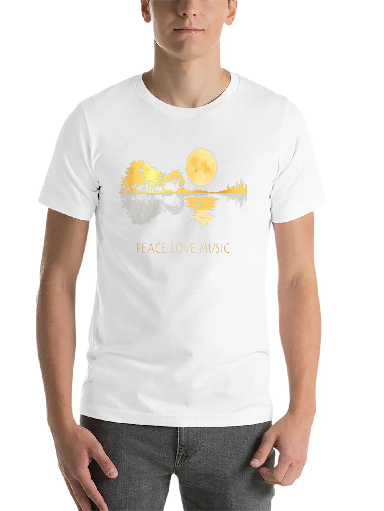 Peace Love Music Guitar Lake Shadow Hippie Unisex Short Sleeve Soft Cotton T-Shirt – Casual Everyday Wear