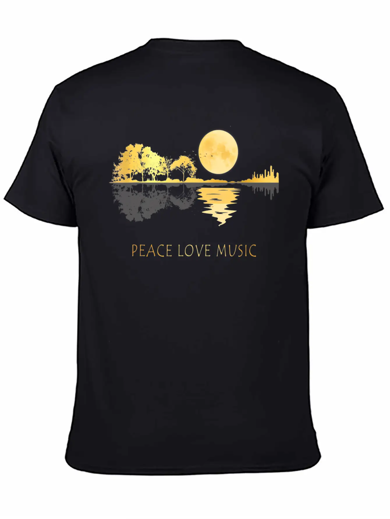 Peace Love Music Guitar Lake Shadow Hippie Unisex Short Sleeve Soft Cotton T-Shirt – Casual Everyday Wear