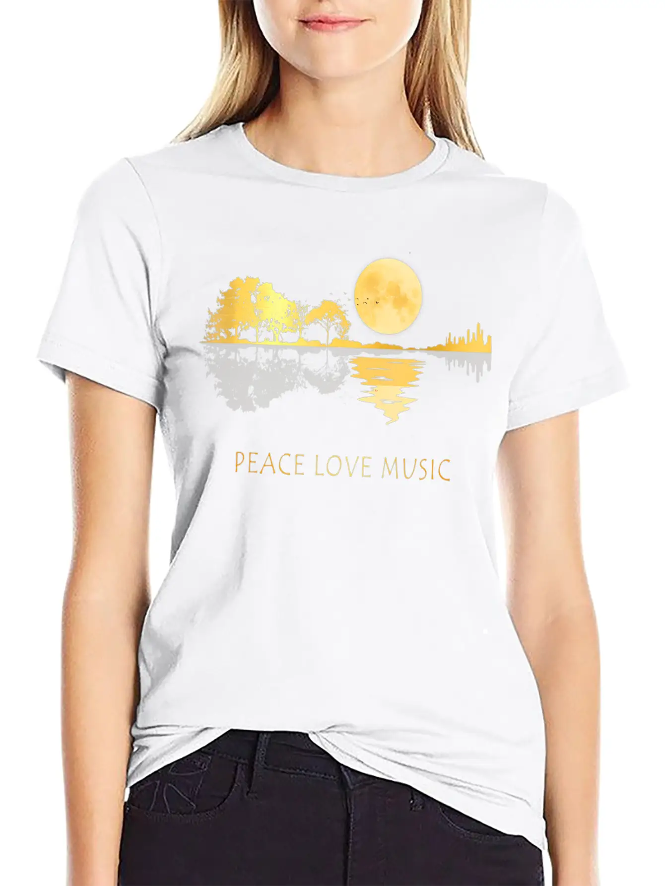 Peace Love Music Guitar Lake Shadow Hippie Unisex Short Sleeve Soft Cotton T-Shirt – Casual Everyday Wear