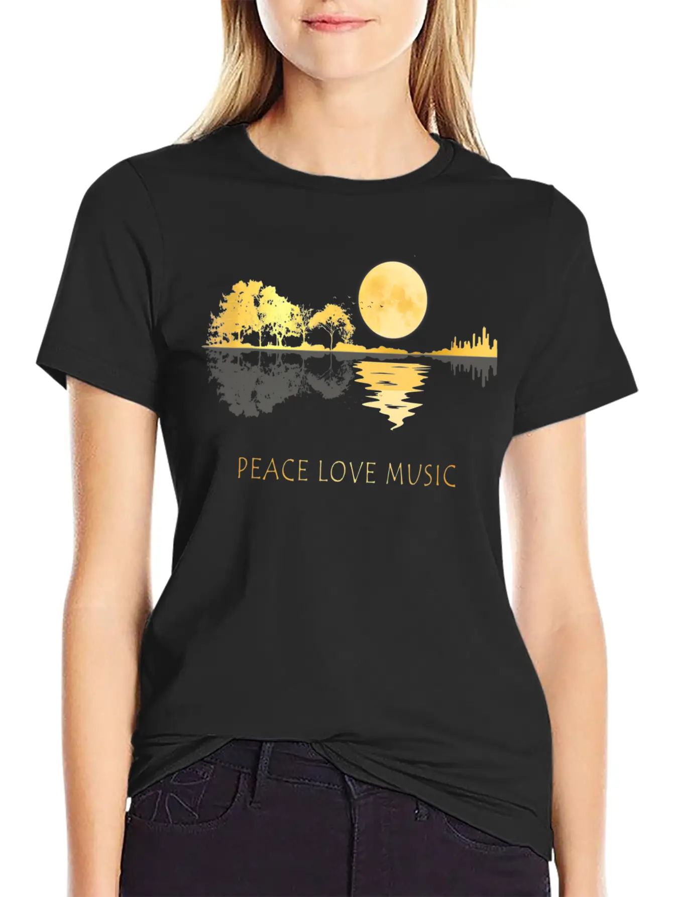 Peace Love Music Guitar Lake Shadow Hippie Unisex Short Sleeve Soft Cotton T-Shirt – Casual Everyday Wear