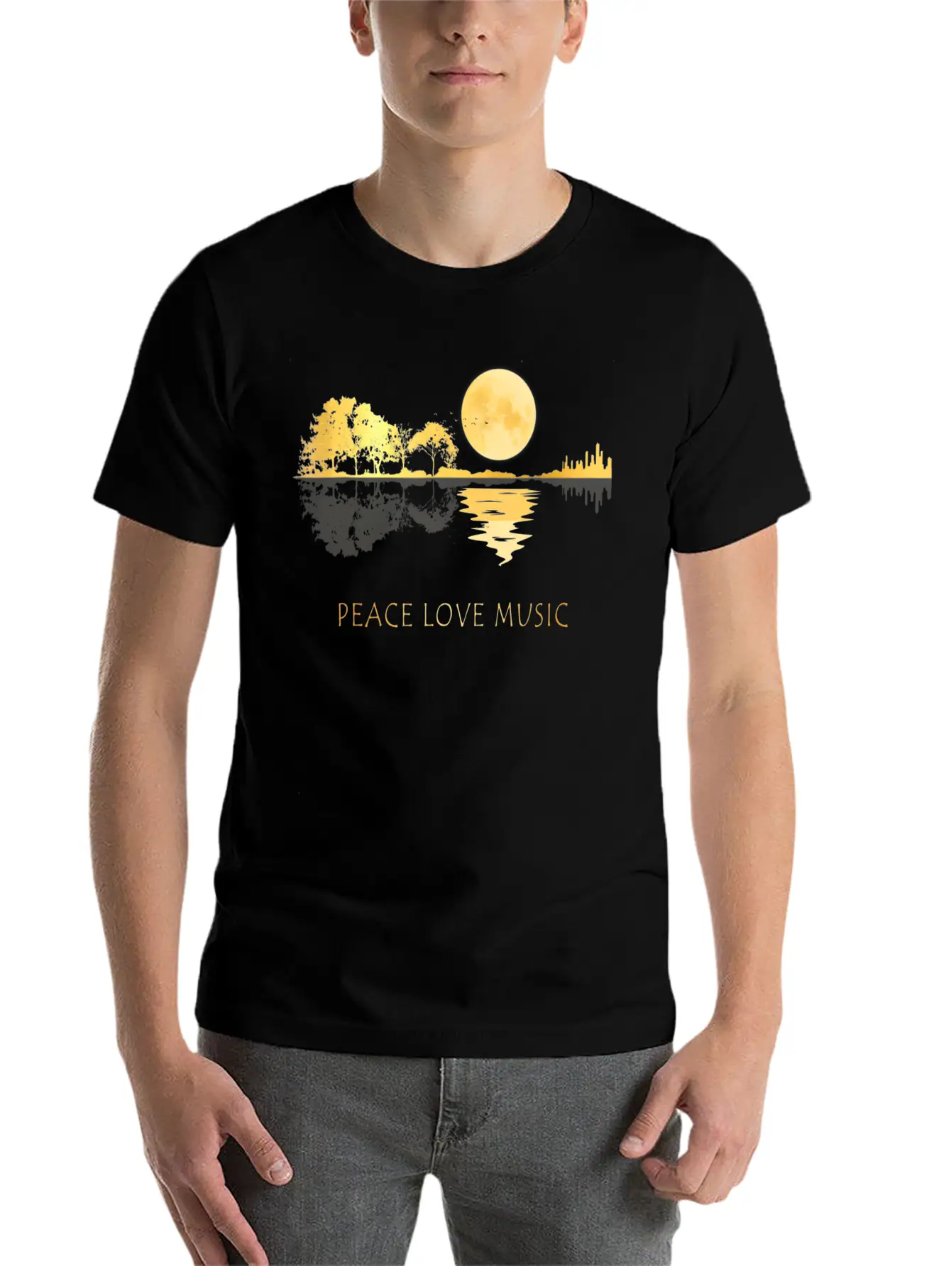 Peace Love Music Guitar Lake Shadow Hippie Unisex Short Sleeve Soft Cotton T-Shirt – Casual Everyday Wear