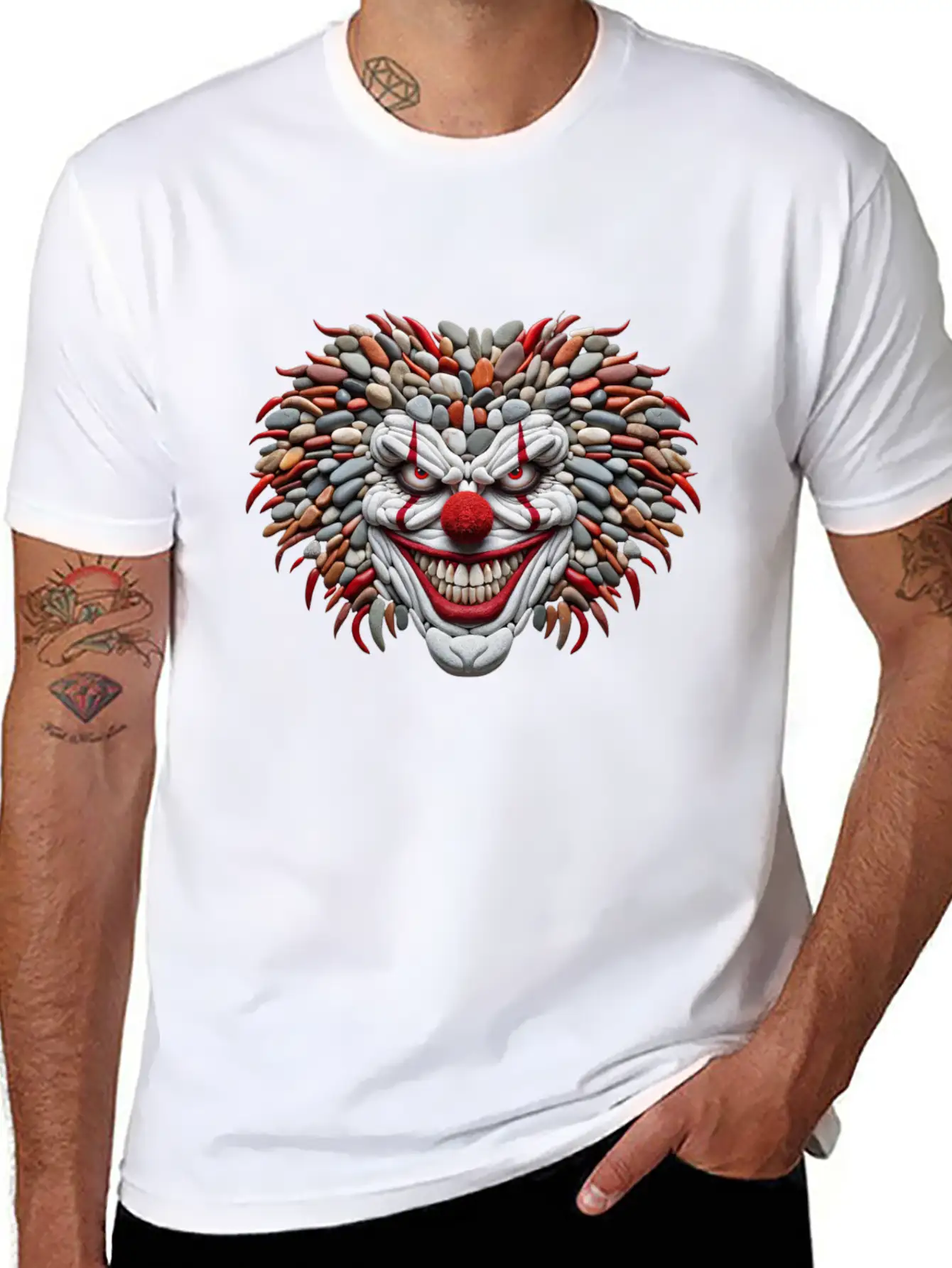 Pebble Art Mosaic - Scary Clown Portrait Stylish Everyday T-Shirt – Unisex Basic Cotton Tee