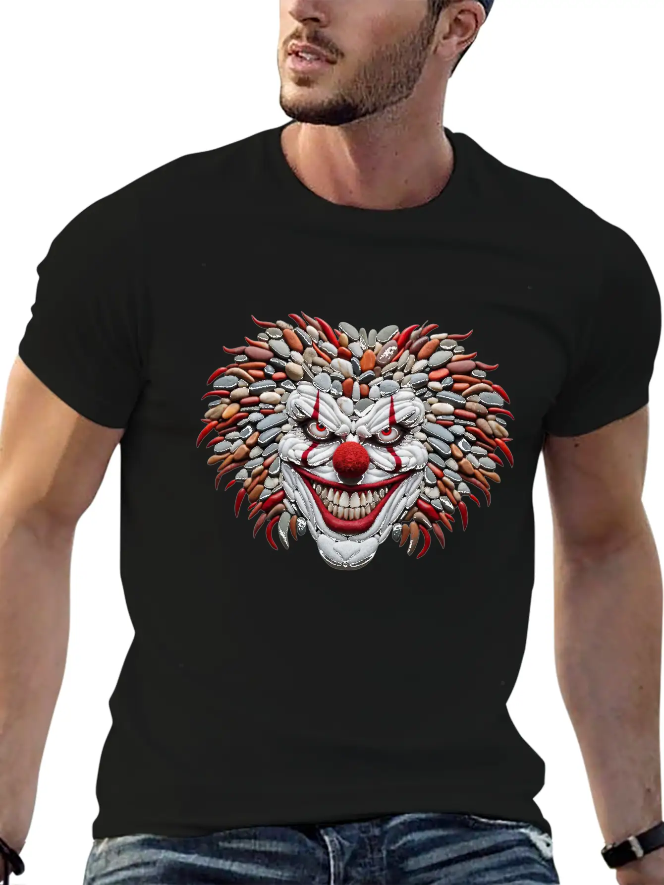 Pebble Art Mosaic - Scary Clown Portrait Stylish Everyday T-Shirt – Unisex Basic Cotton Tee