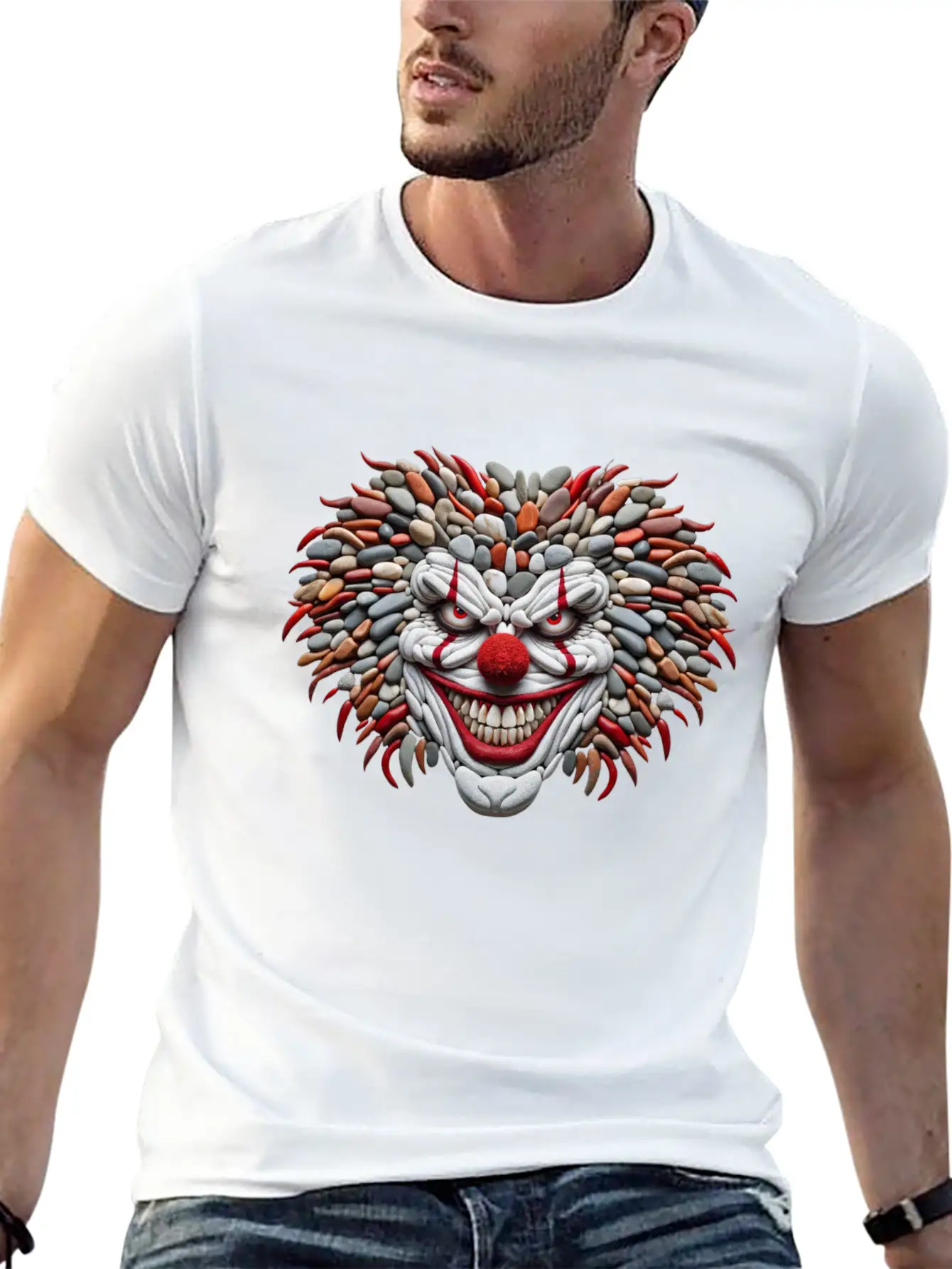 Pebble Art Mosaic - Scary Clown Portrait Stylish Everyday T-Shirt – Unisex Basic Cotton Tee