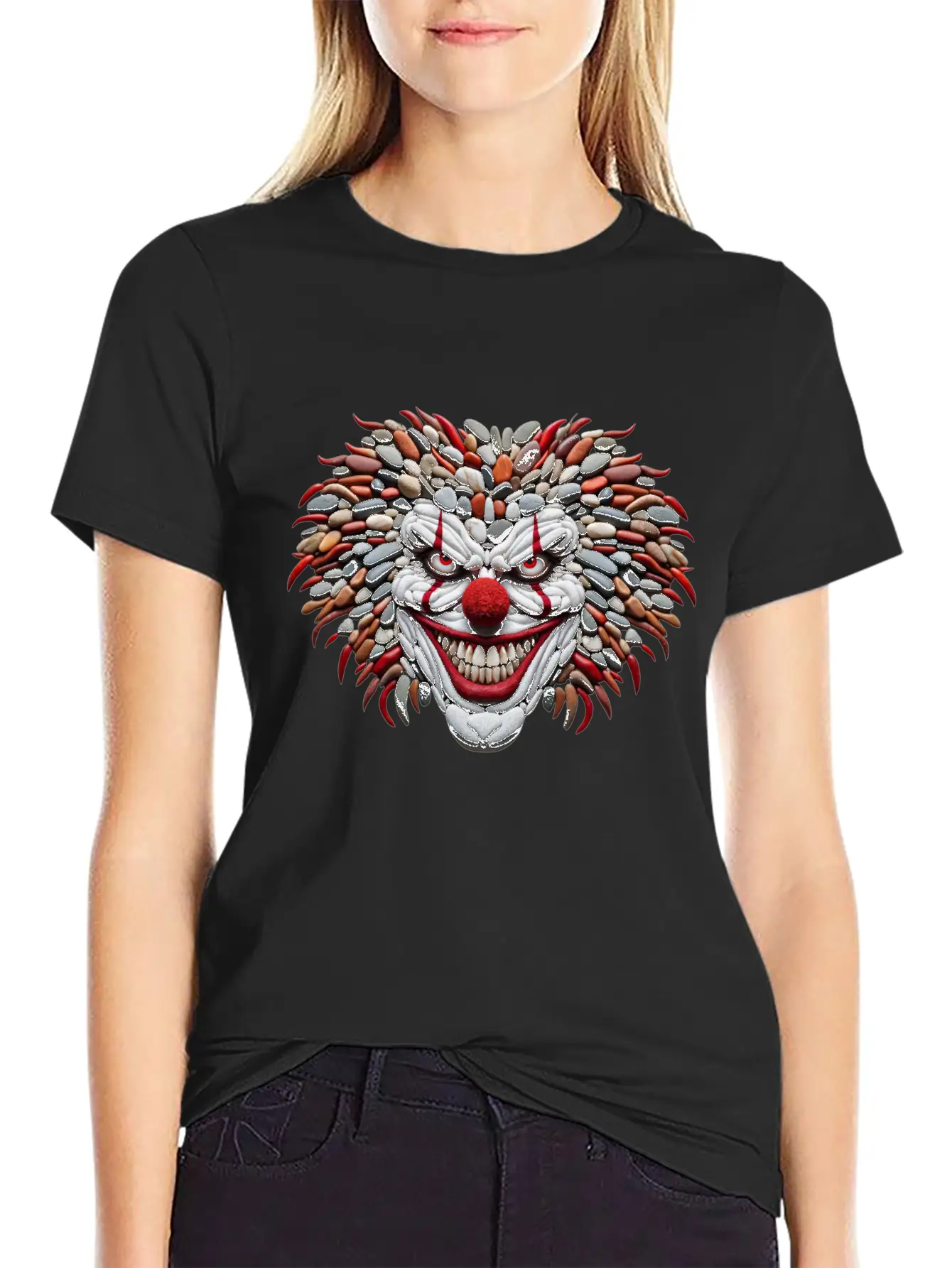 Pebble Art Mosaic - Scary Clown Portrait Stylish Everyday T-Shirt – Unisex Basic Cotton Tee