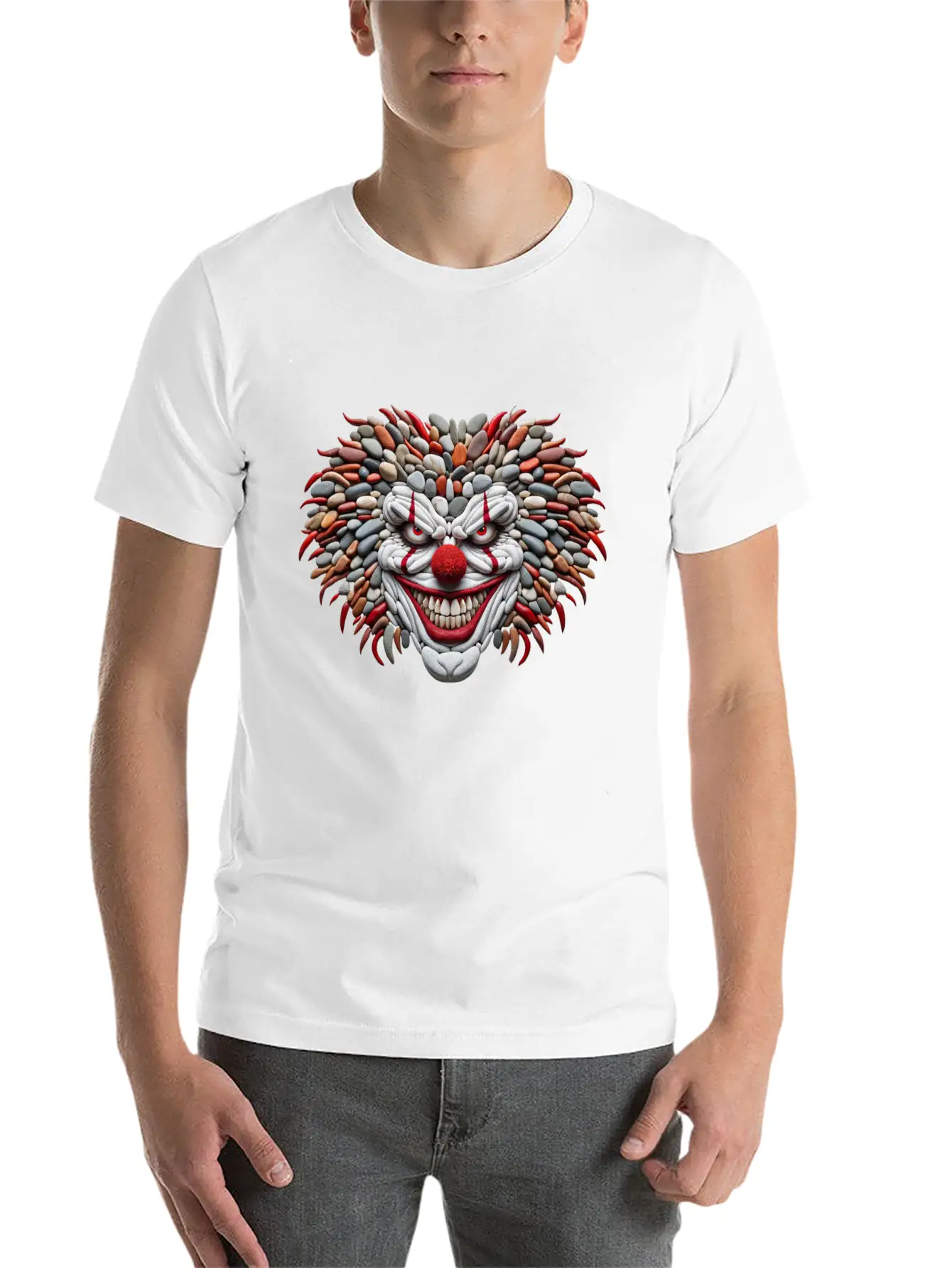 Pebble Art Mosaic - Scary Clown Portrait Stylish Everyday T-Shirt – Unisex Basic Cotton Tee