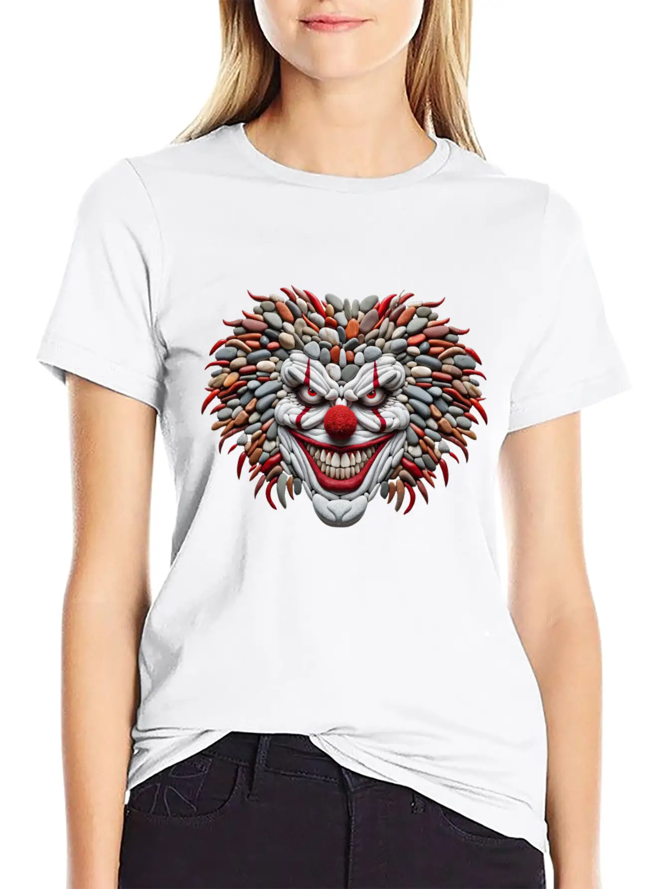 Pebble Art Mosaic - Scary Clown Portrait Stylish Everyday T-Shirt – Unisex Basic Cotton Tee