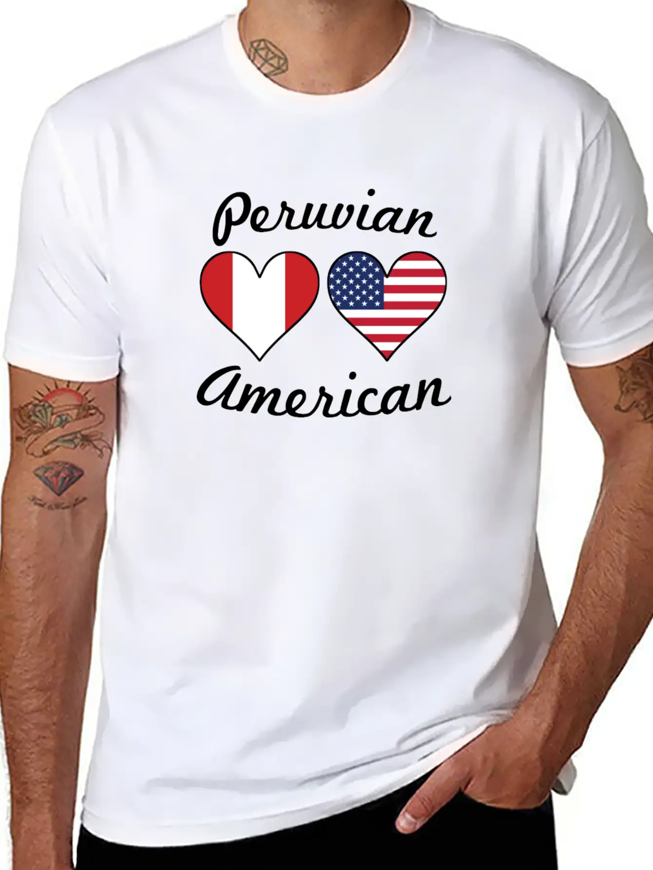 Peruvian American Flag Hearts Unisex Short Sleeve Soft Cotton T-Shirt – Casual Everyday Wear