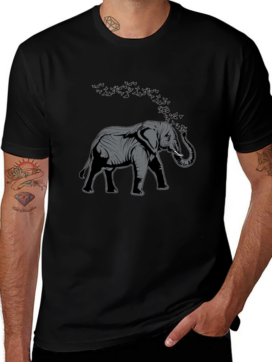 Elephant & Birds Graphic Tee - Black Cotton Casual T-Shirt