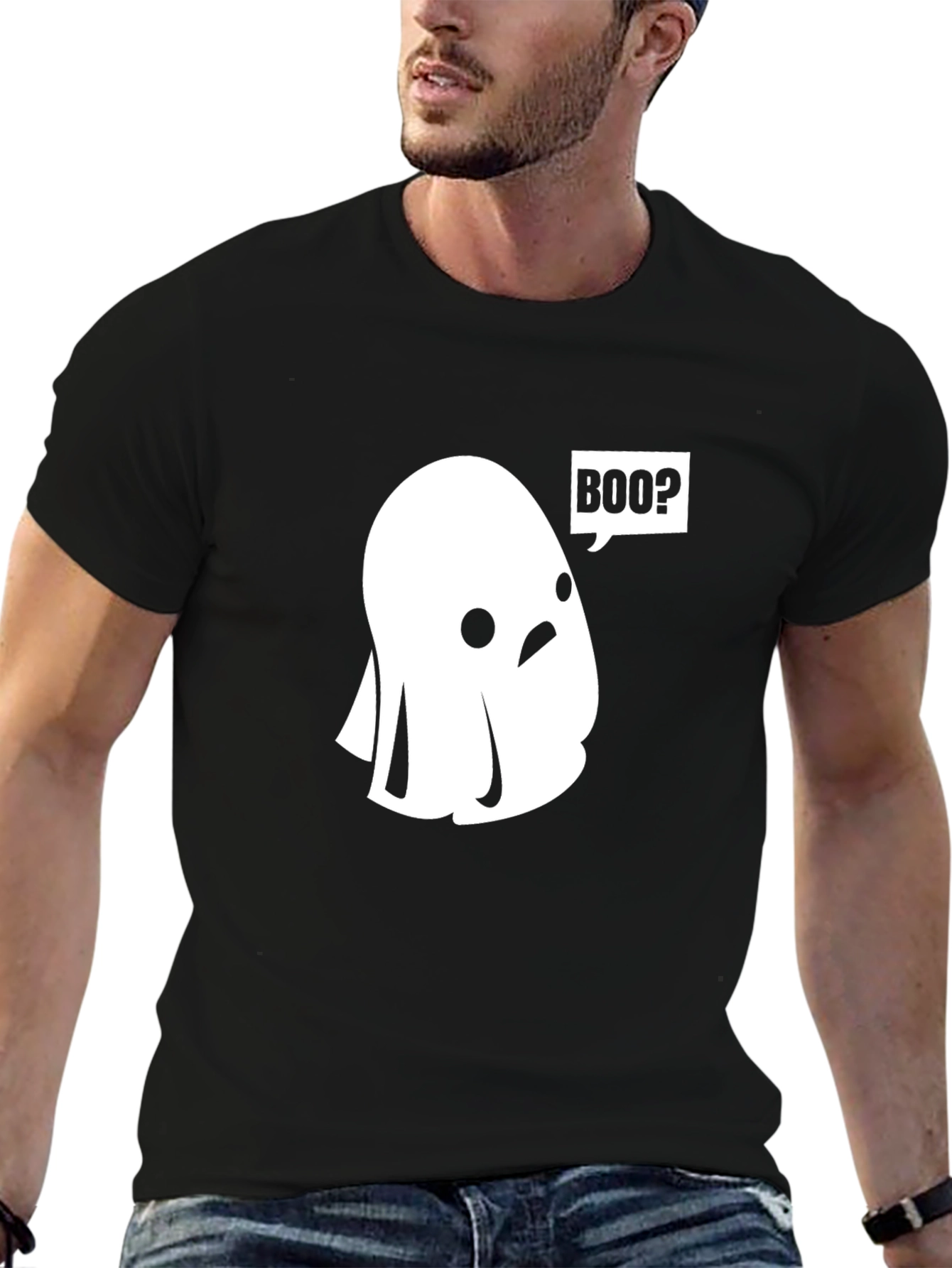 Boo? Ghost Graphic Tee - Black Cotton T-Shirt