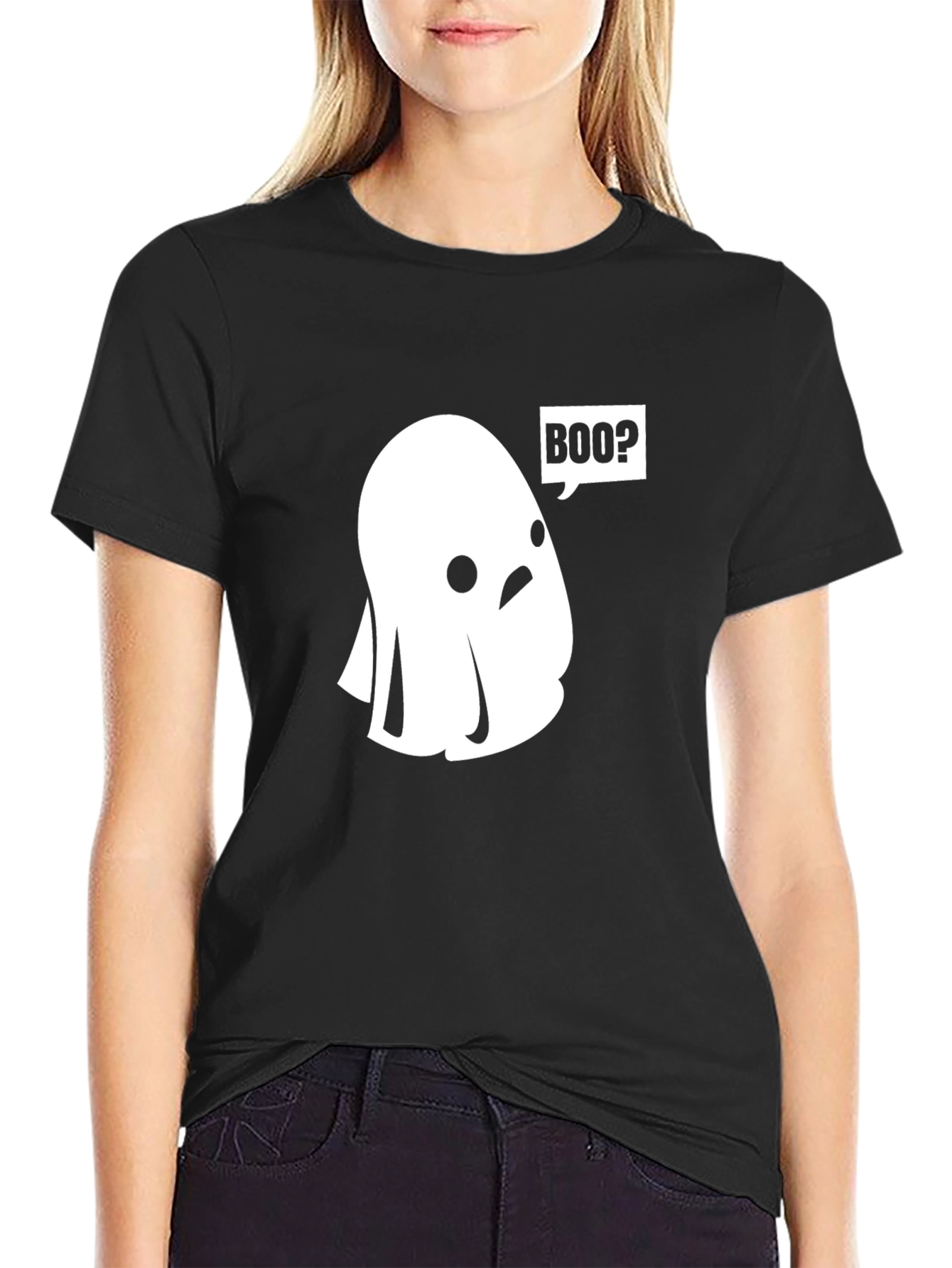 Boo? Ghost Graphic Tee - Black Cotton T-Shirt