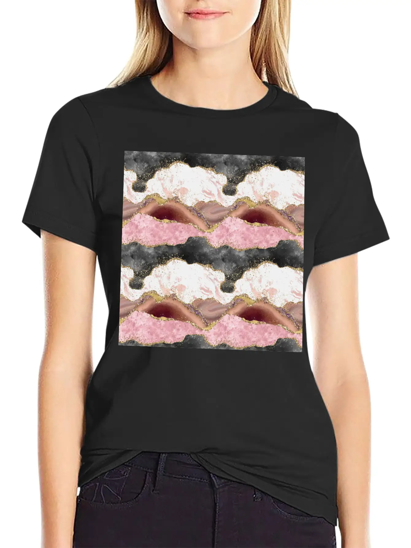 Pink Gold Glitter Agate Marble Comfortable Minimalist Graphic Tee – Summer Style Essential
