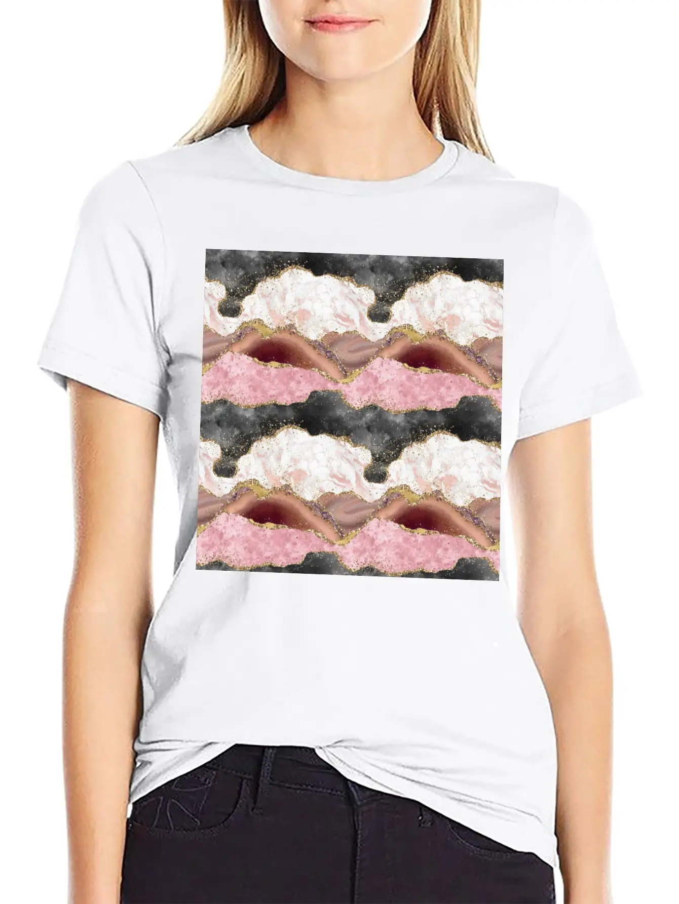 Pink Gold Glitter Agate Marble Comfortable Minimalist Graphic Tee – Summer Style Essential