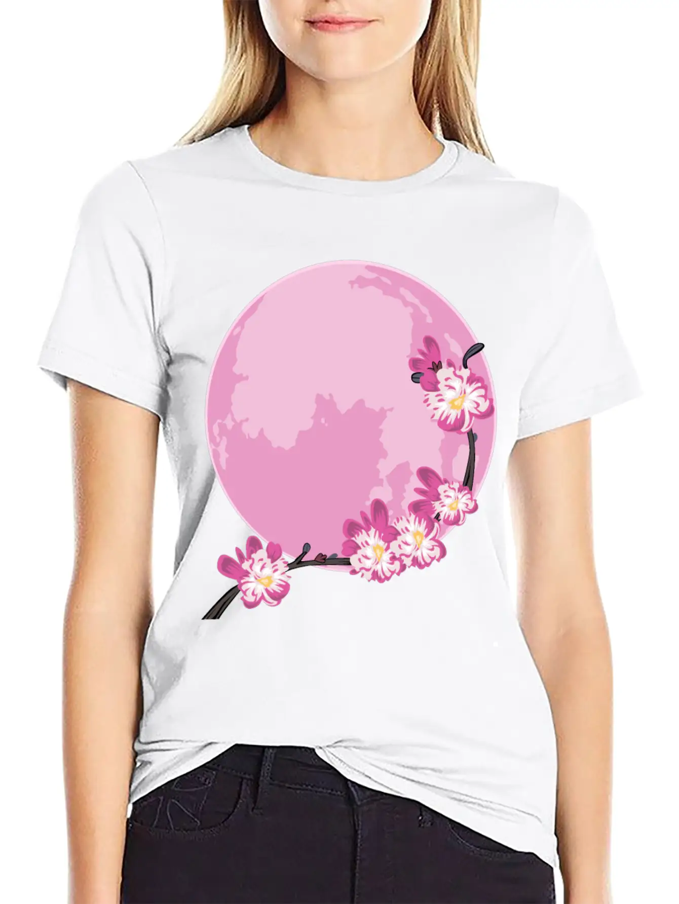 Pink Moon Sakura Flowers Japanese Cherry Blossom Unisex Short Sleeve Soft Cotton T-Shirt – Casual Everyday Wear